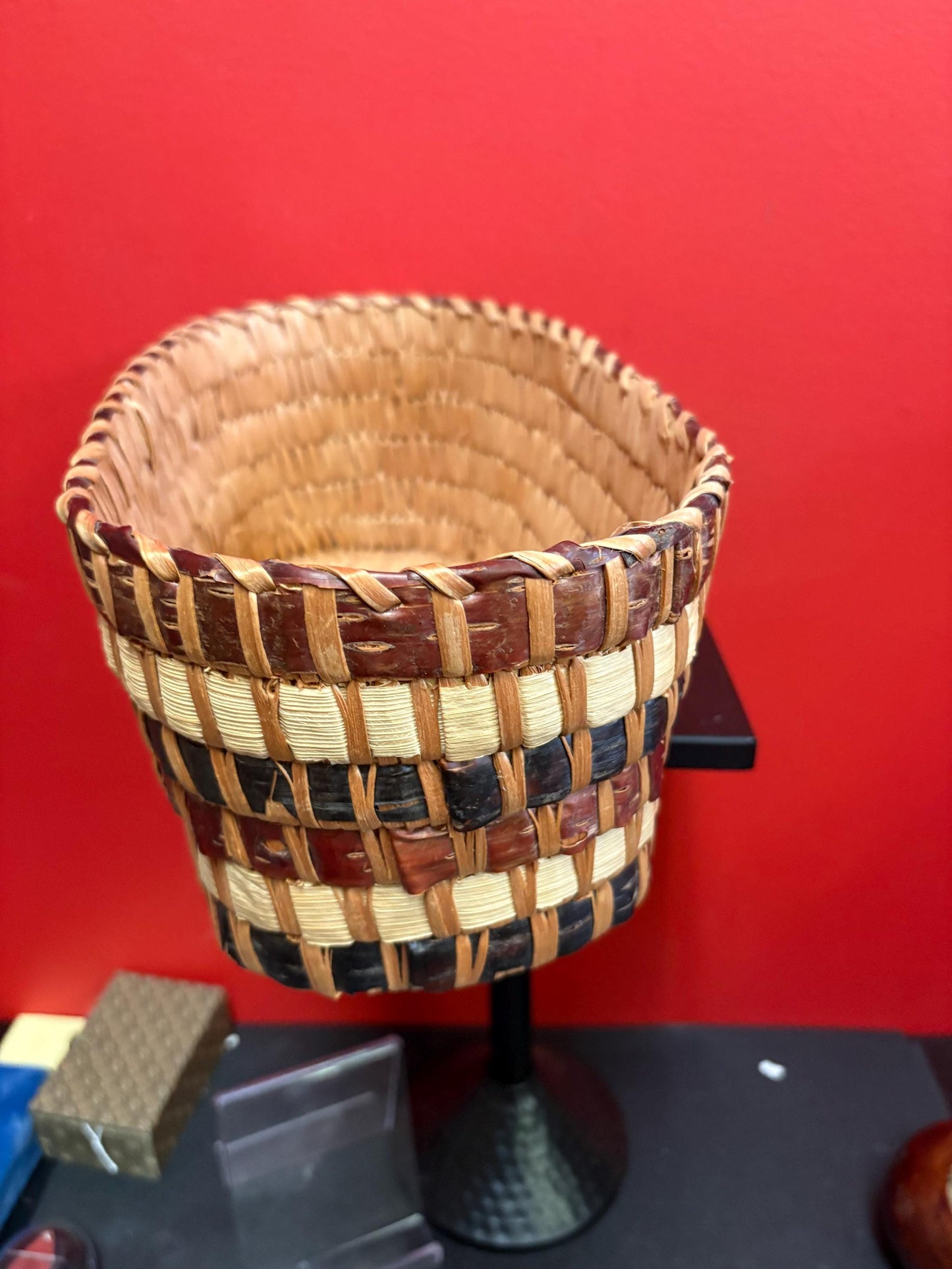 Lovely 13 x 8 x 5 high Canadian indigenous first nations West Coast weaved cedar basket  unusual colors and good antique condition