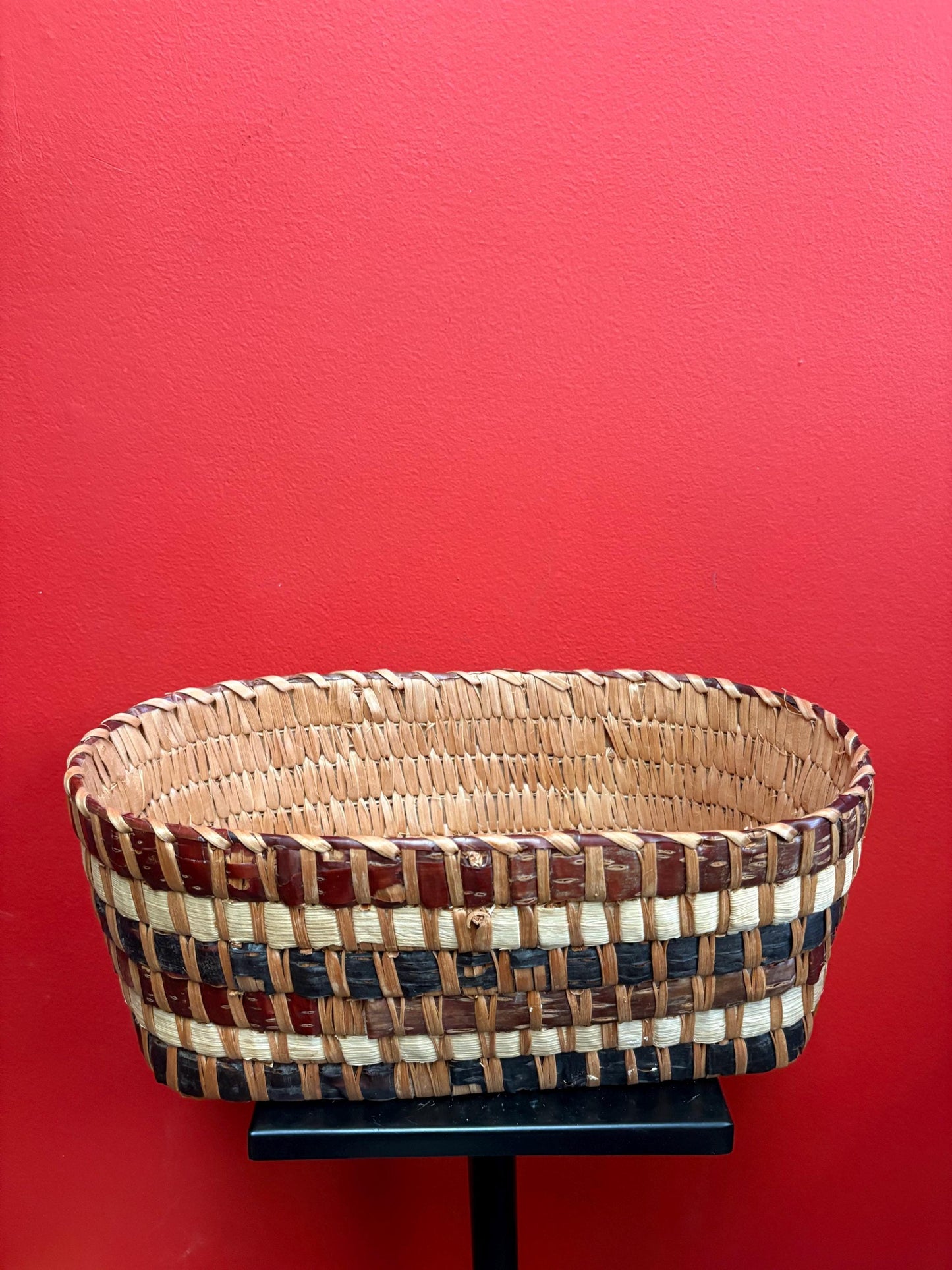 Lovely 13 x 8 x 5 high Canadian indigenous first nations West Coast weaved cedar basket  unusual colors and good antique condition