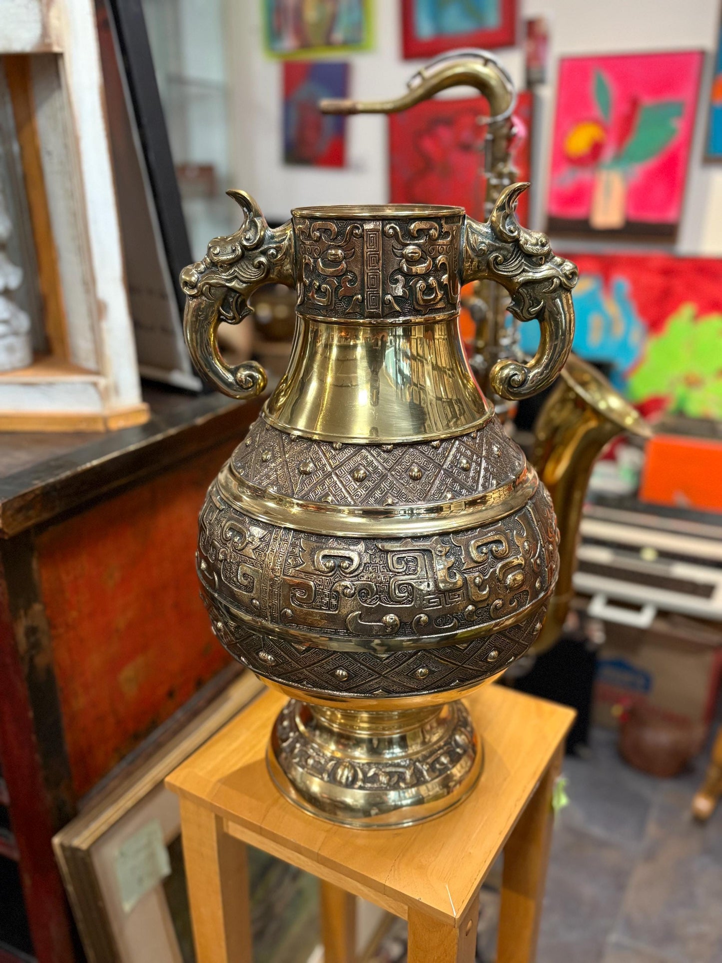 Stunning old Chinese 21 inch tall  dragon handled bronze vase  heavily decorated and very heavy