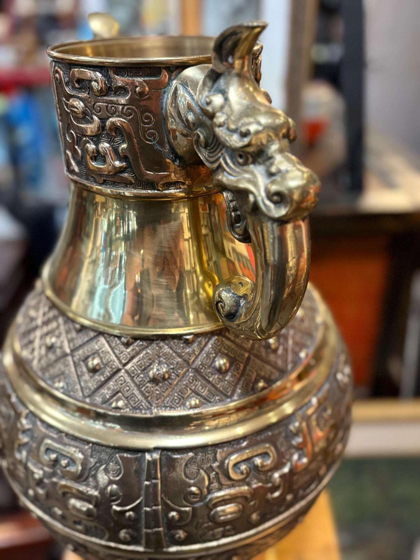 Stunning old Chinese 21 inch tall  dragon handled bronze vase  heavily decorated and very heavy