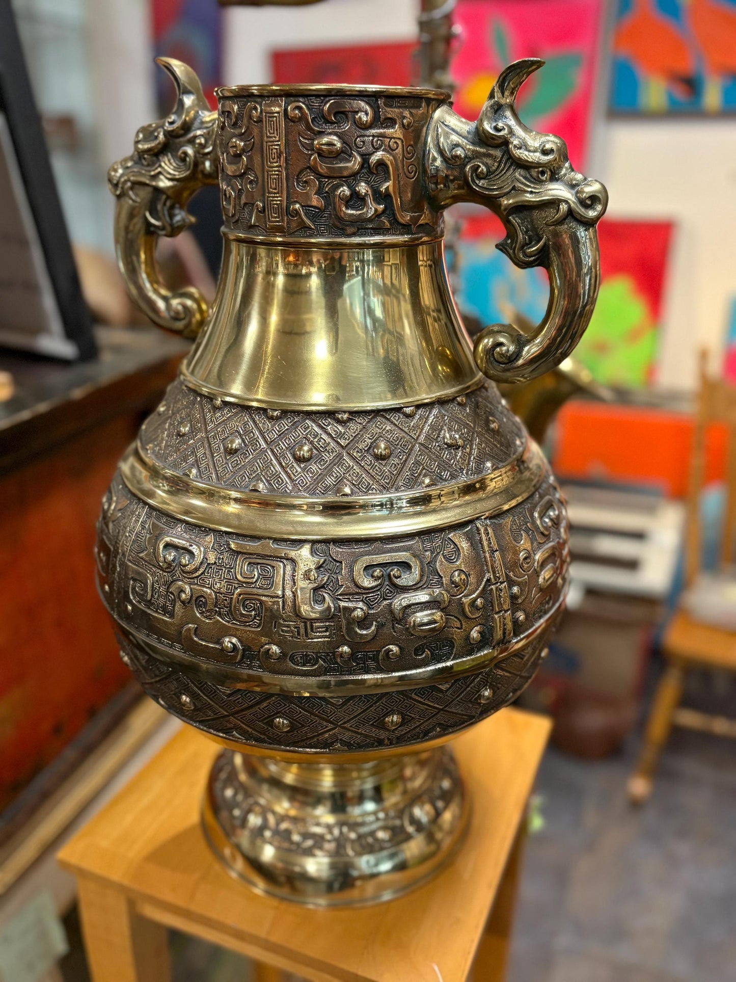 Stunning old Chinese 21 inch tall  dragon handled bronze vase  heavily decorated and very heavy
