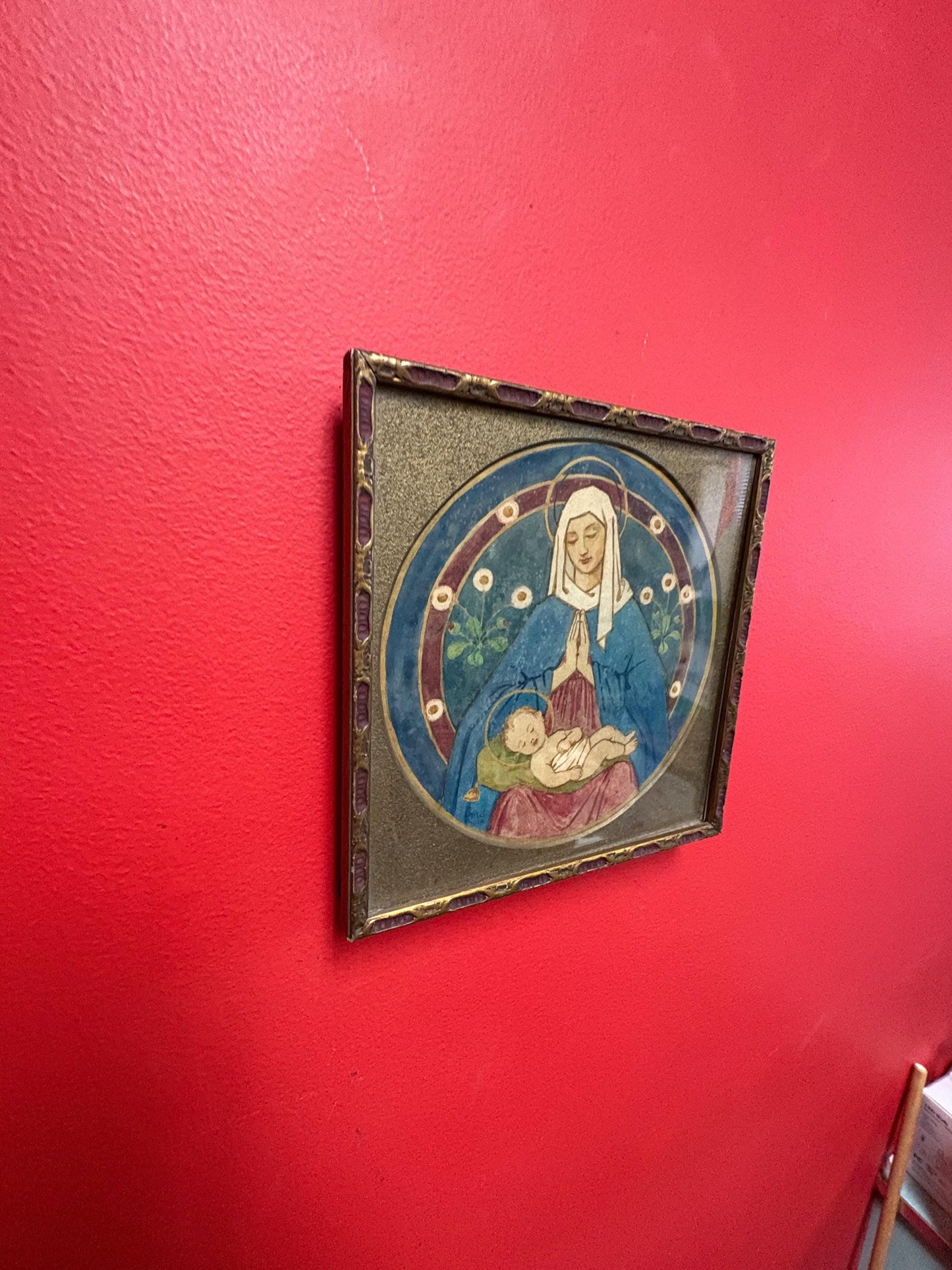 Beautiful 1939 hand painted religious European watercolour in beautiful frame  8 x 8  great detail  religious beauty