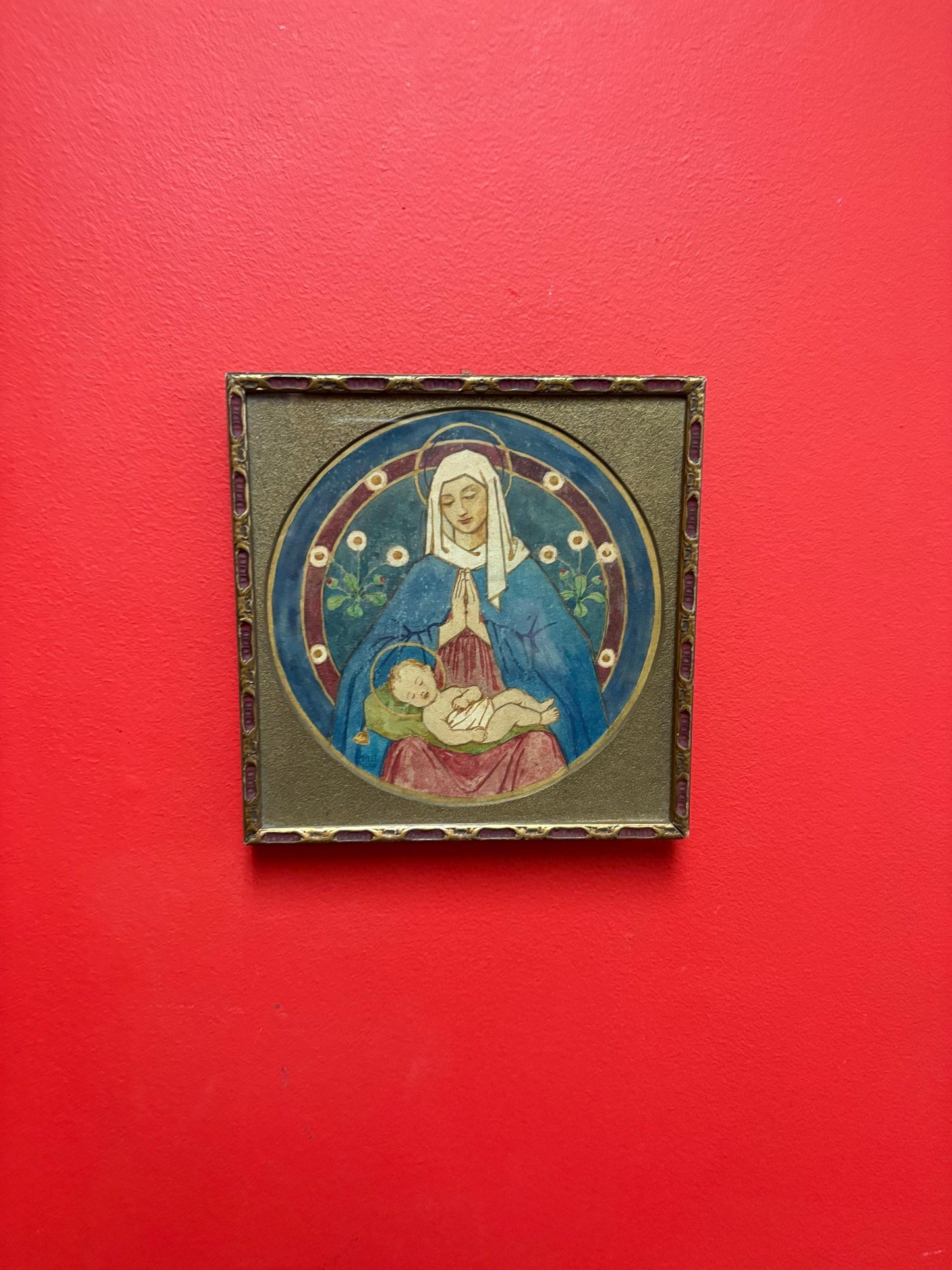 Beautiful 1939 hand painted religious European watercolour in beautiful frame  8 x 8  great detail  religious beauty