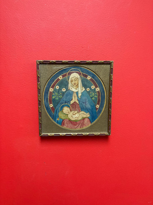 Beautiful 1939 hand painted religious European watercolour in beautiful frame  8 x 8  great detail  religious beauty