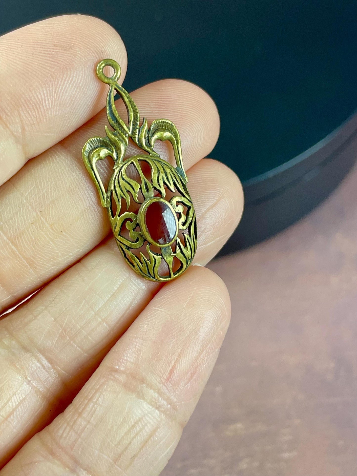 Delicate Necklace Pendant with red stone Center