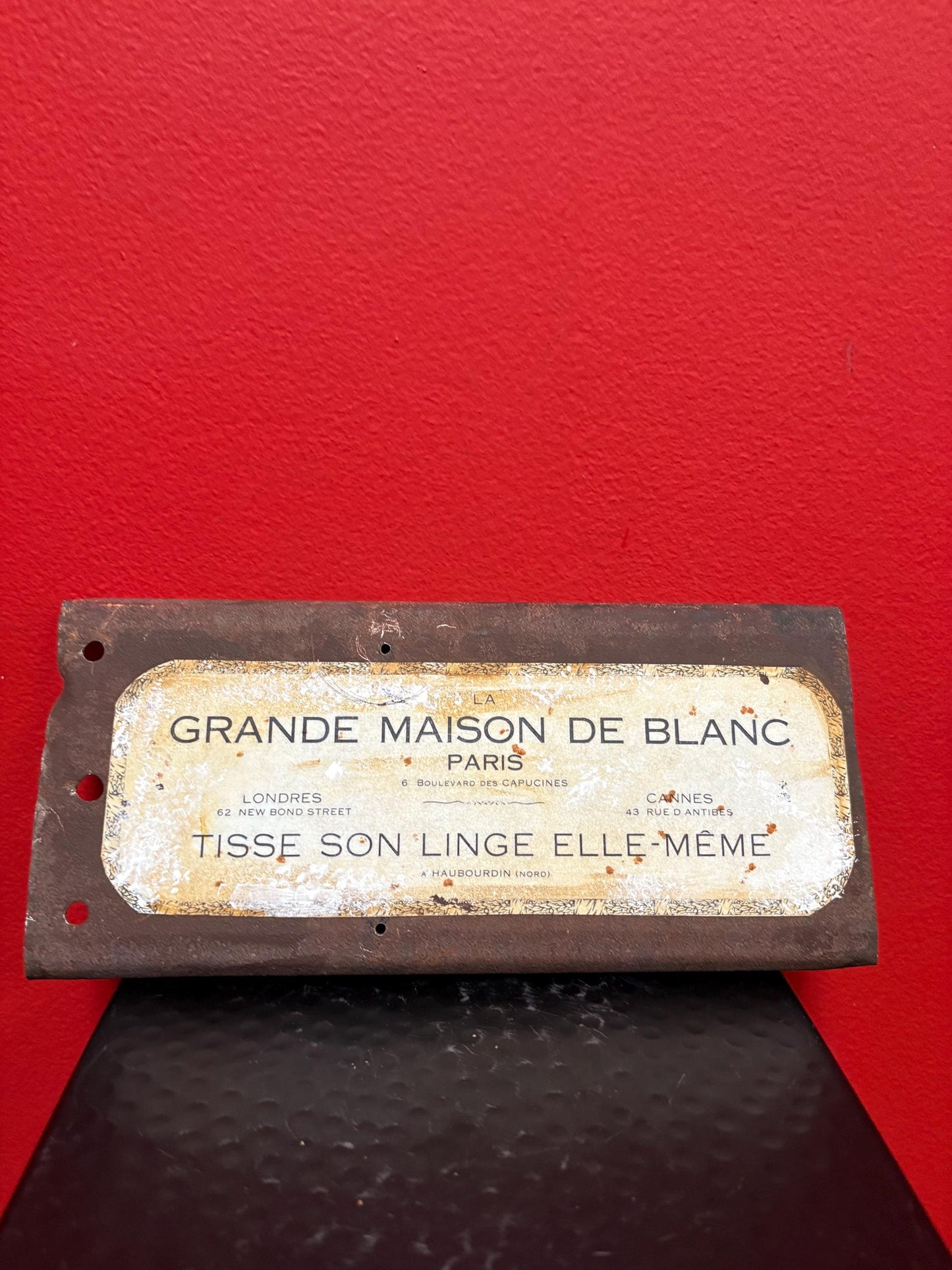 Beautiful 9 x 4 1/2 wide antique French metal sign