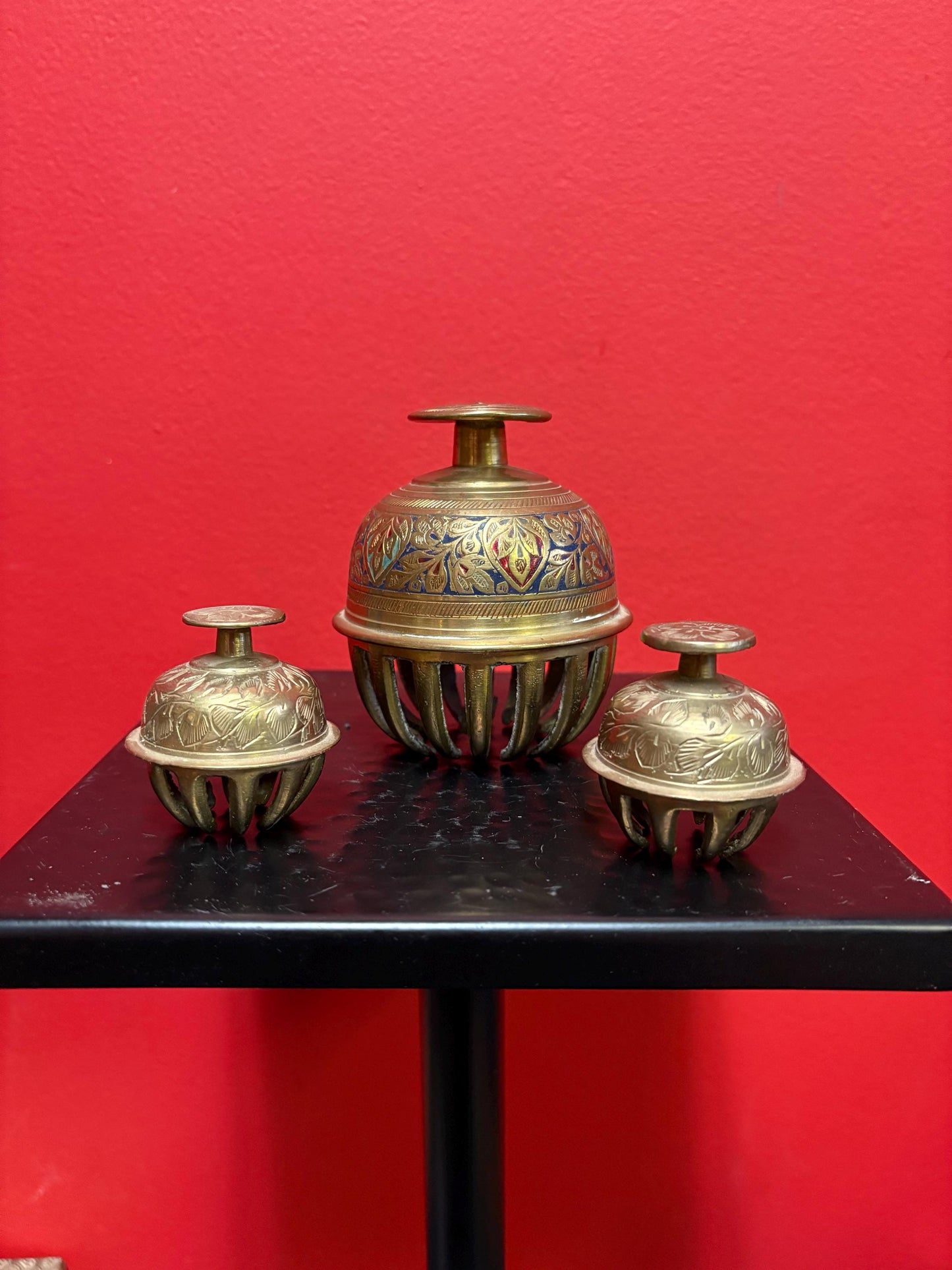 Three cool brass Indian vintage bells  2 and 4 inches high