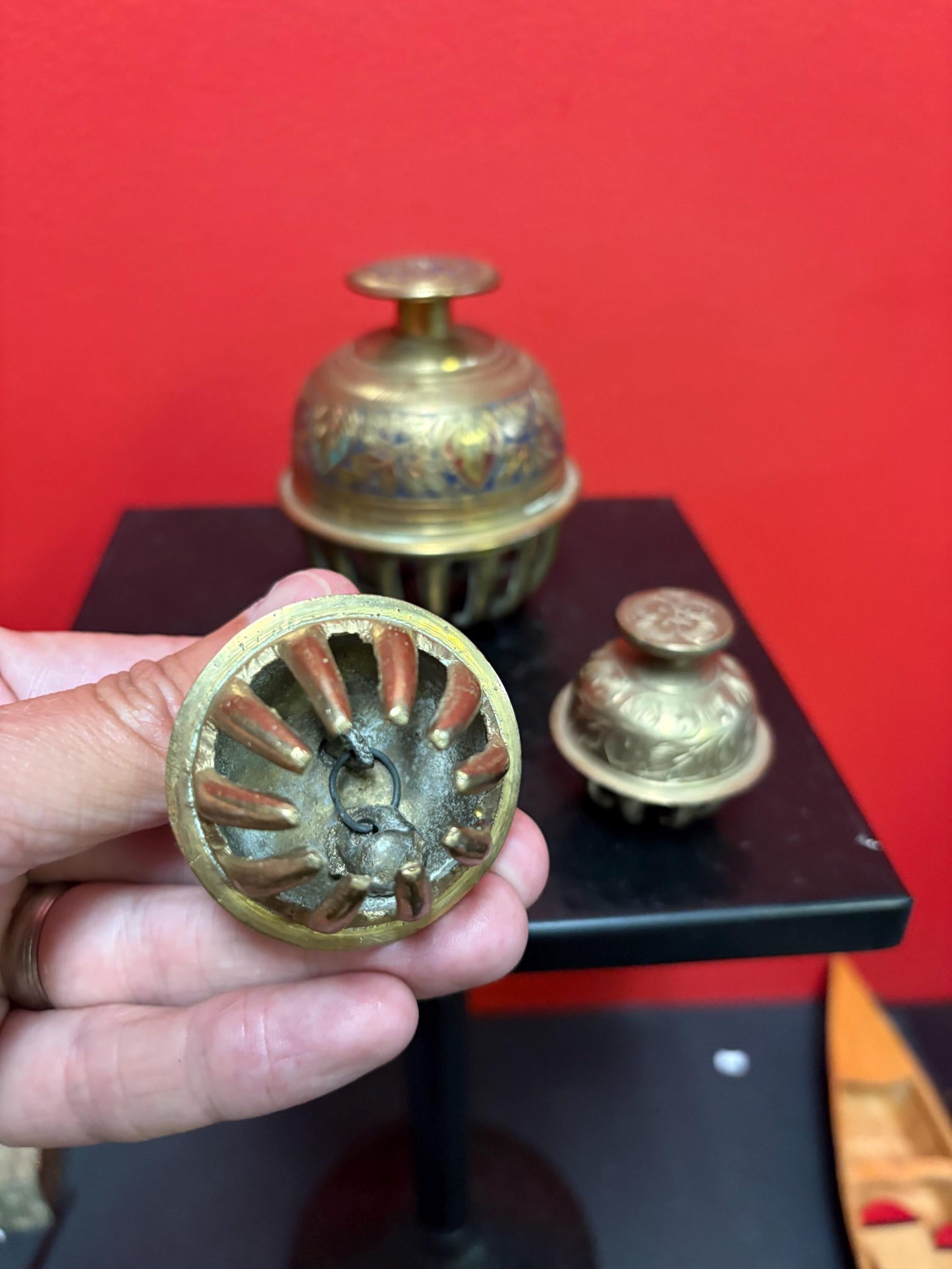 Three cool brass Indian vintage bells  2 and 4 inches high