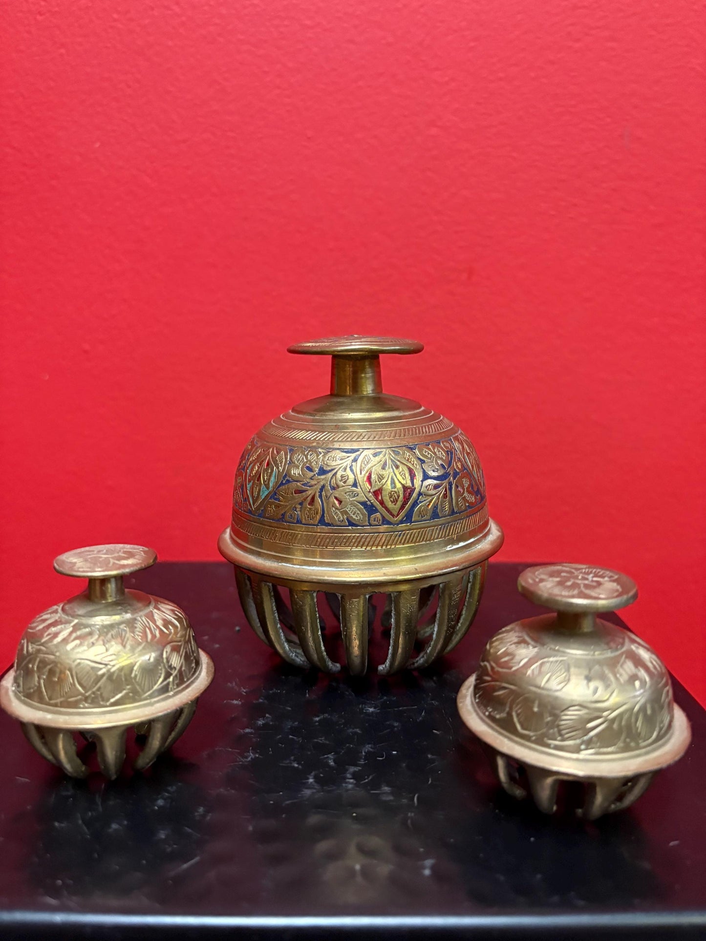 Three cool brass Indian vintage bells  2 and 4 inches high