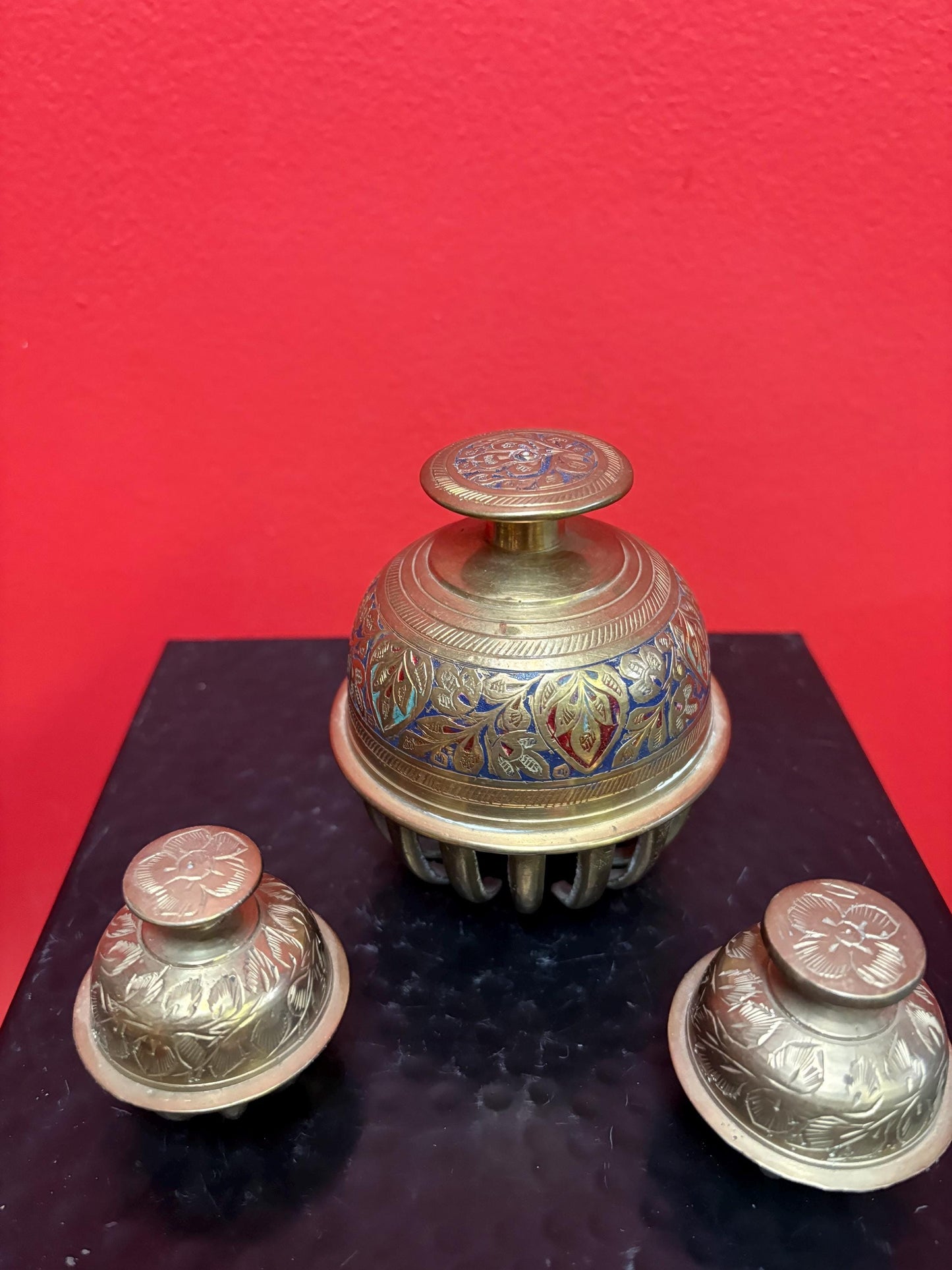 Three cool brass Indian vintage bells  2 and 4 inches high