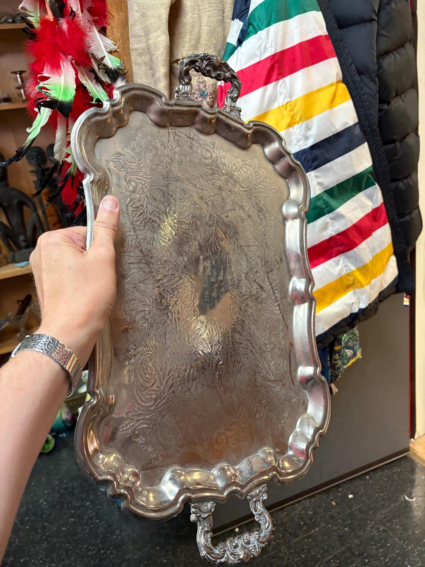 Antique English 2 handled silver plated tray  23 x 13 wide with nice feet  free inscription  amazing price