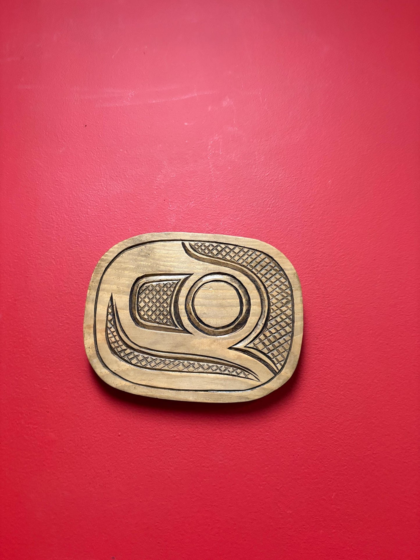 Beautiful 9 1/2 x 7 1/2 x 1 thick signed trout cedar plaque  indigenous first nation pacific north West Coast beauty