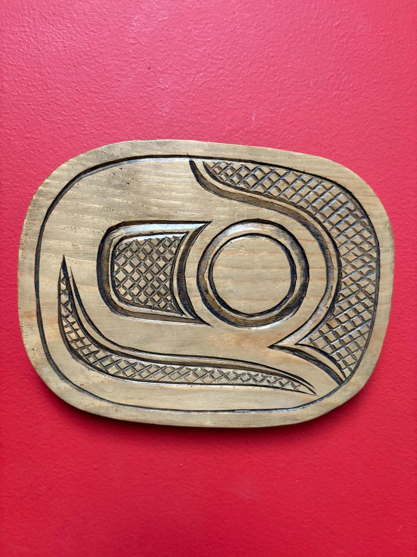 Beautiful 9 1/2 x 7 1/2 x 1 thick signed trout cedar plaque  indigenous first nation pacific north West Coast beauty
