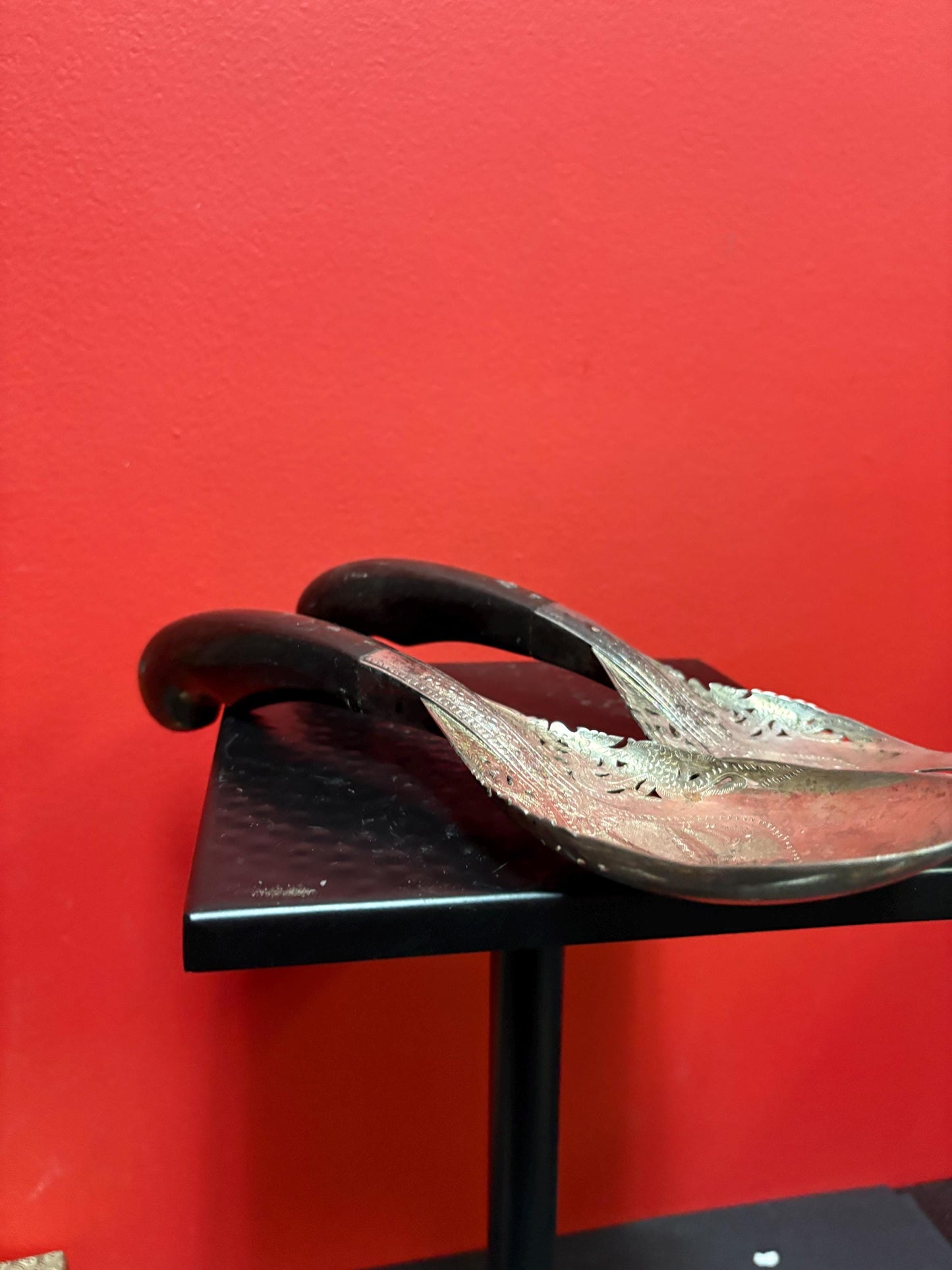 Lovely Persian horn and silver salad servers  little damage on handle  11 and 12 inches long