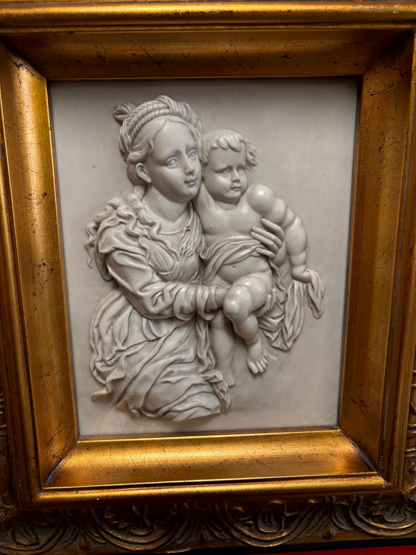 Stunning early Italian 1900s  marble relief of mother and child in gilded wooden frame  exquisite quality  18 x 15 wide great gift  wow