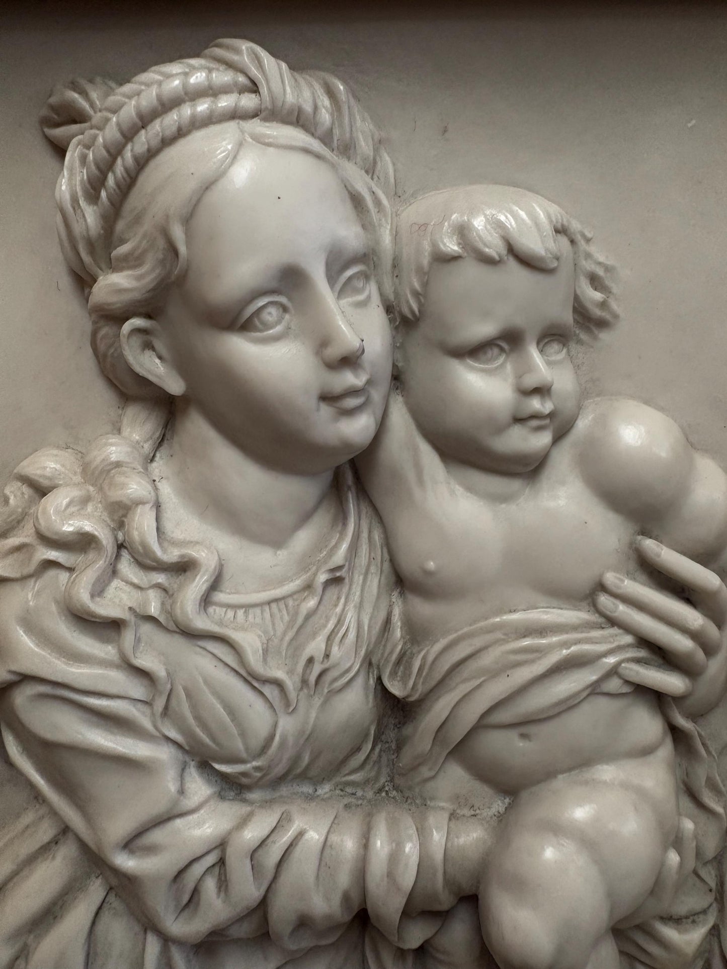 Stunning early Italian 1900s  marble relief of mother and child in gilded wooden frame  exquisite quality  18 x 15 wide great gift  wow