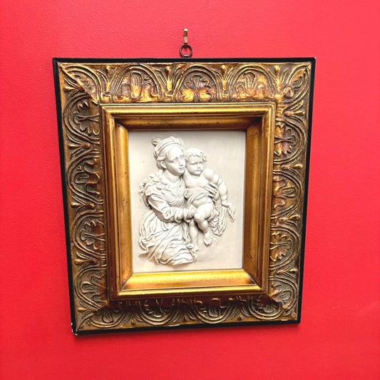Stunning early Italian 1900s  marble relief of mother and child in gilded wooden frame  exquisite quality  18 x 15 wide great gift  wow