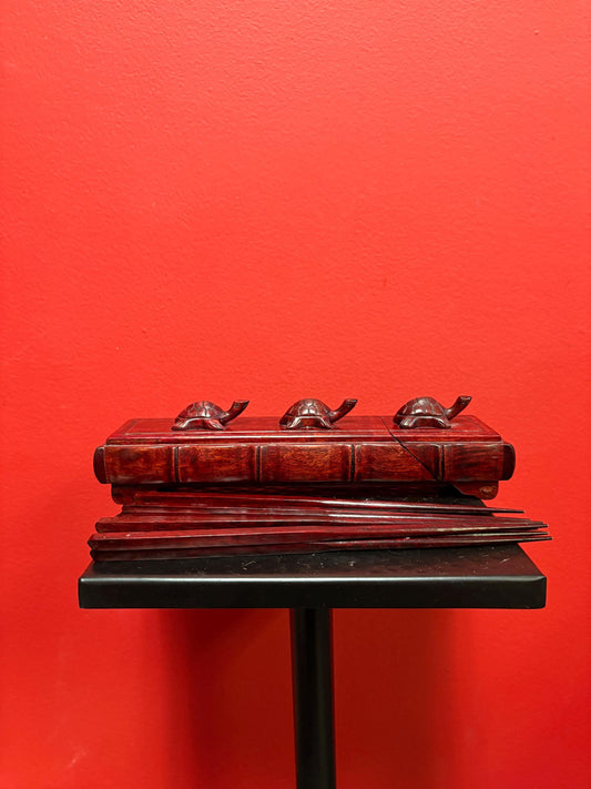 Lovely Asian Rosewood chopstick box with turtles on top  9 inches long  comes with five sets of chopsticks  wonderful gift