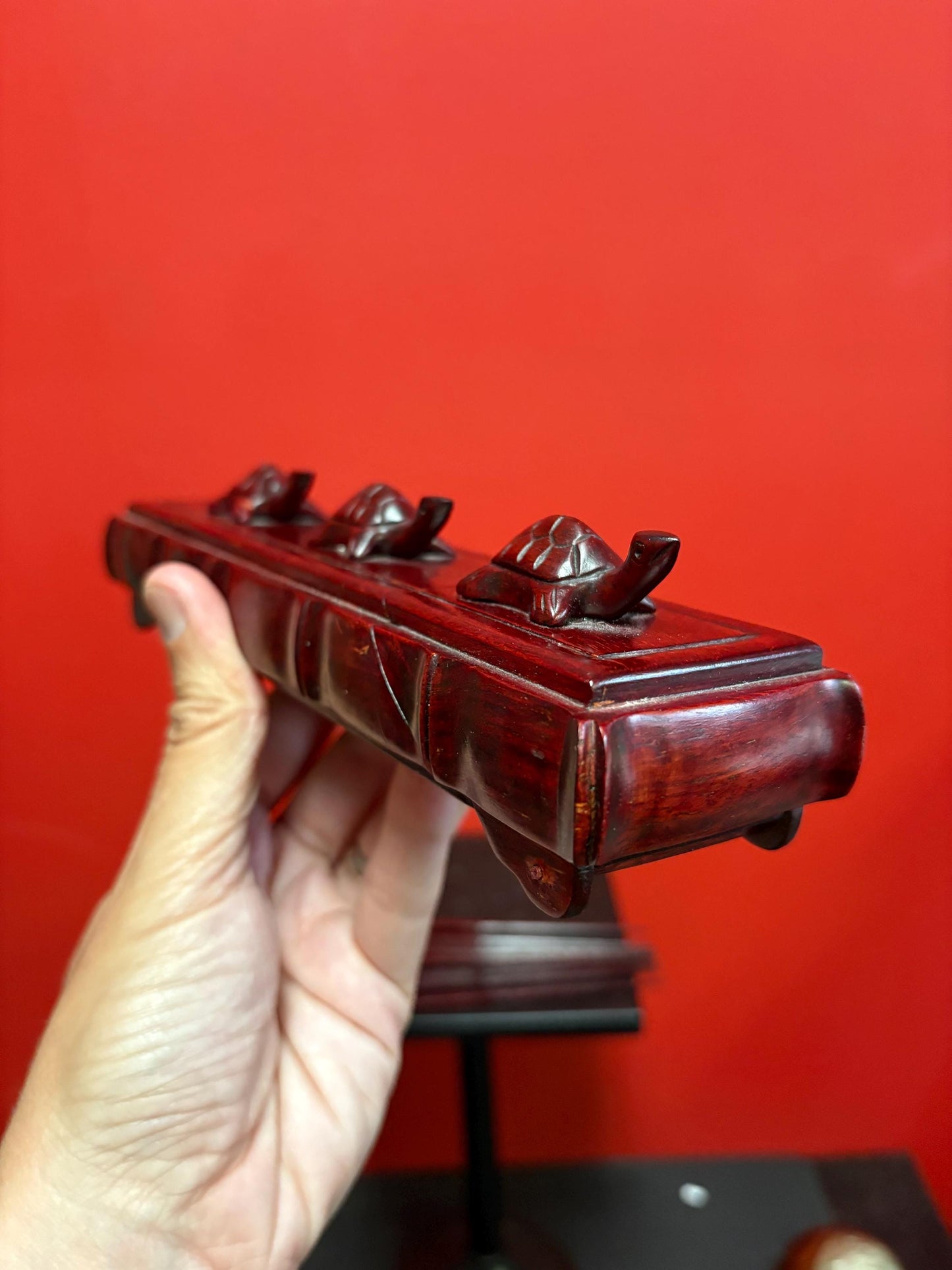 Lovely Asian Rosewood chopstick box with turtles on top  9 inches long  comes with five sets of chopsticks  wonderful gift