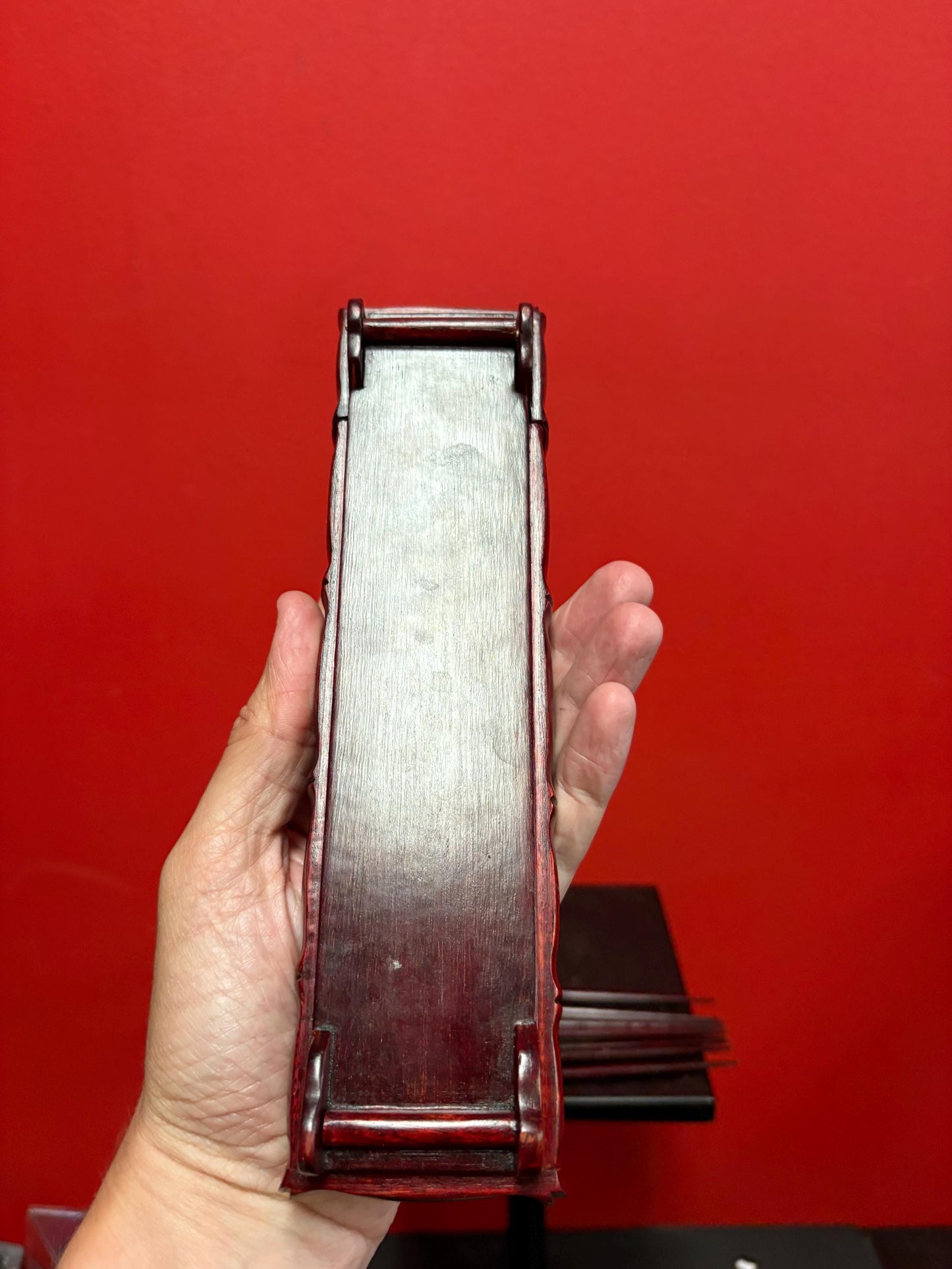 Lovely Asian Rosewood chopstick box with turtles on top  9 inches long  comes with five sets of chopsticks  wonderful gift