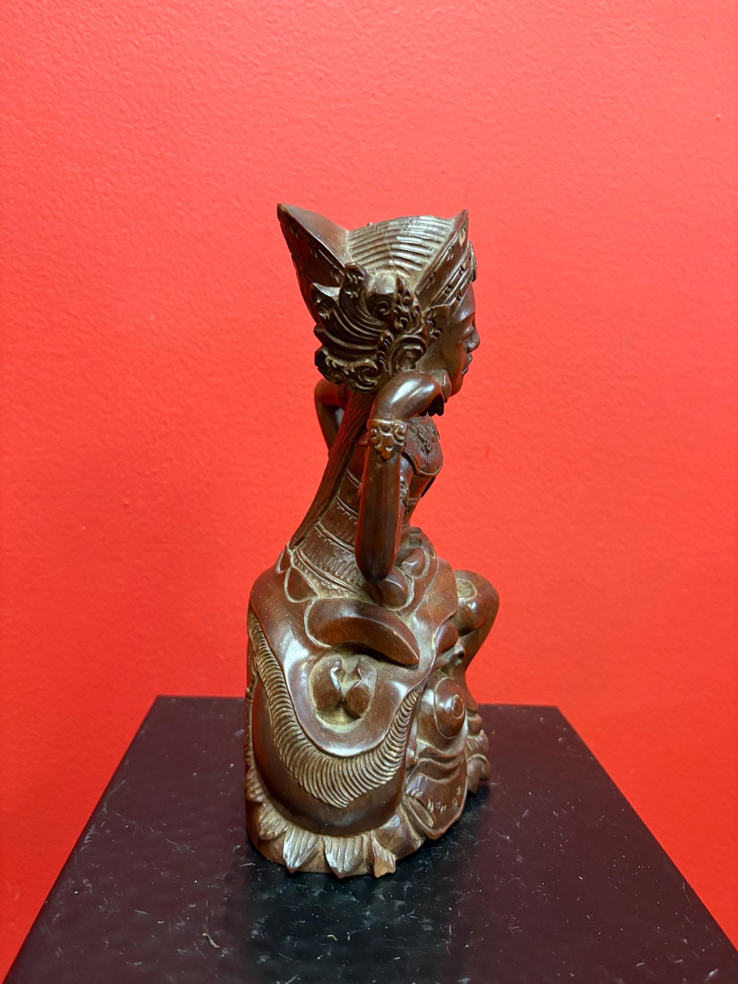 Beautiful antique 8 inch tall Indonesian wooden lady and mask statue  great detail  wow