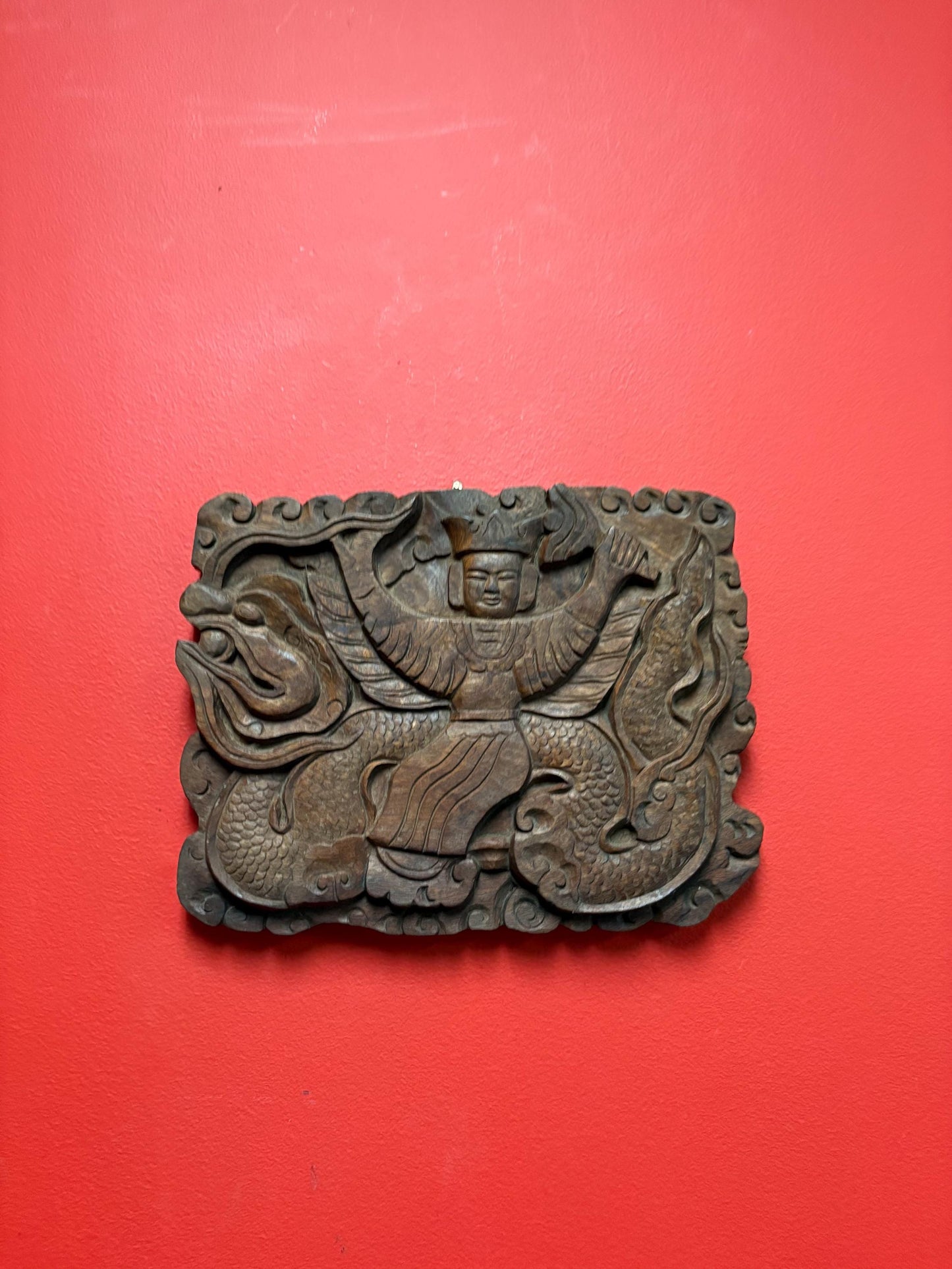Fabulous Southeast Asian antique heavy wall carved plaque of emperor and dragon wooden beauty  11 x 9 by one inch thick