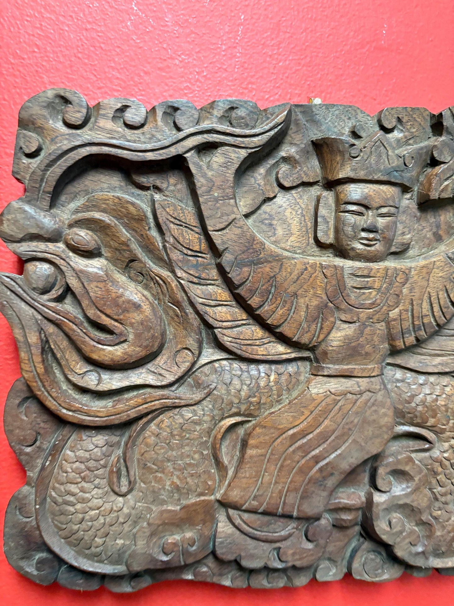 Fabulous Southeast Asian antique heavy wall carved plaque of emperor and dragon wooden beauty  11 x 9 by one inch thick