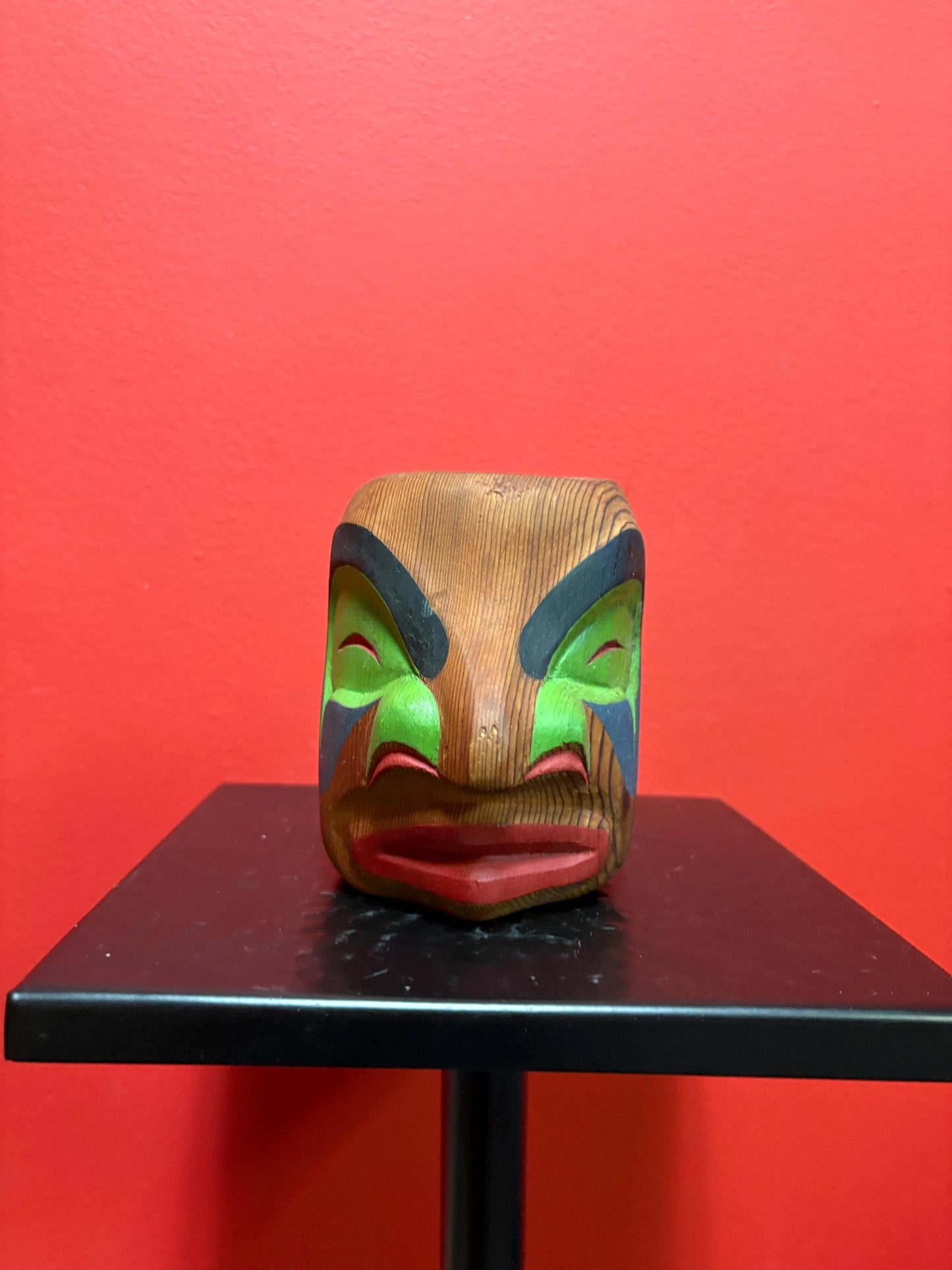Fabulous 4 1/2 inch tall indigenous First Nations Pacific Northwest Coast polychrome painted cedar mask