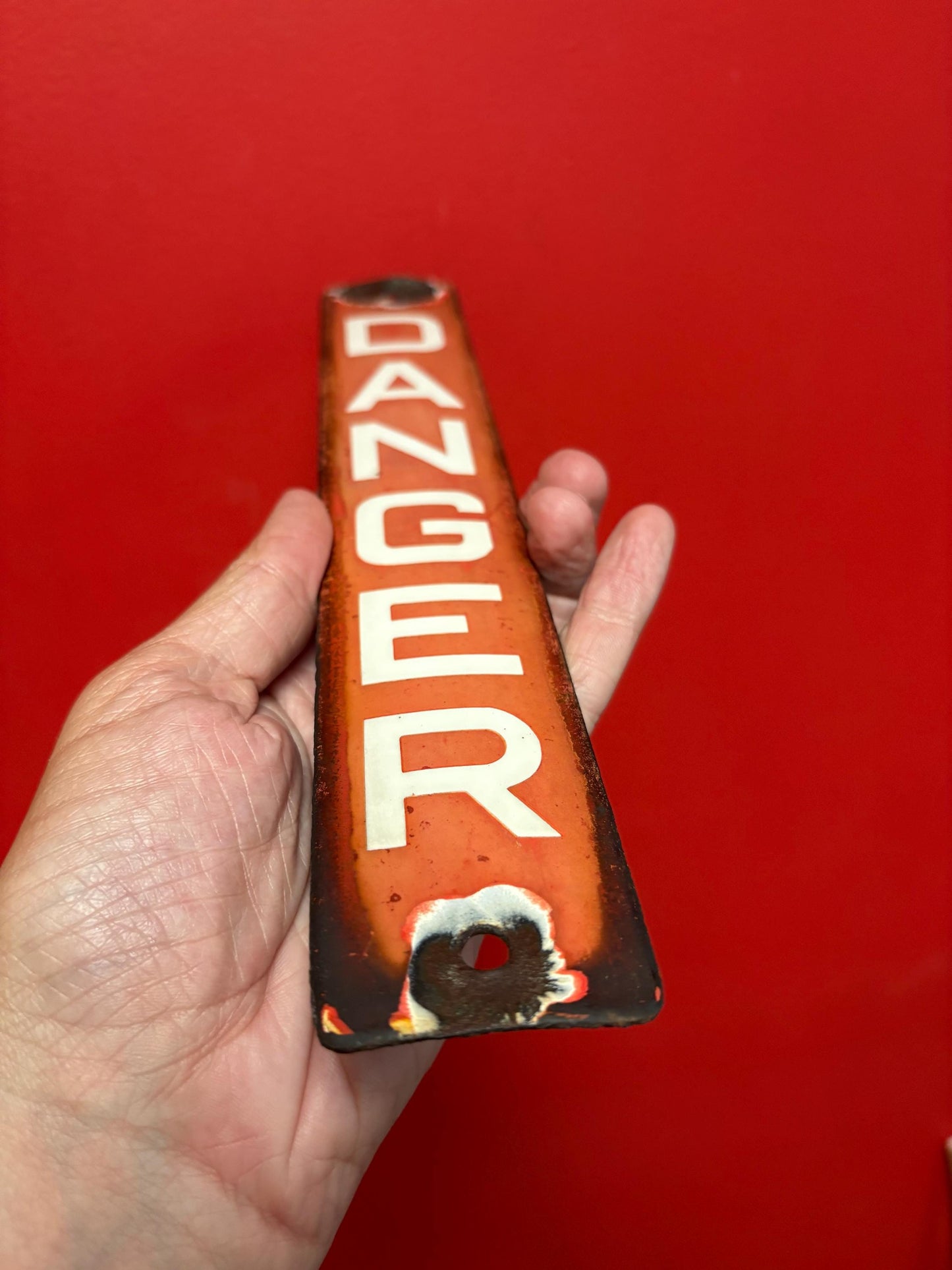 Truly amazing antique 12 x 2“ porcelain enamel danger sign  pretty good condition  great value