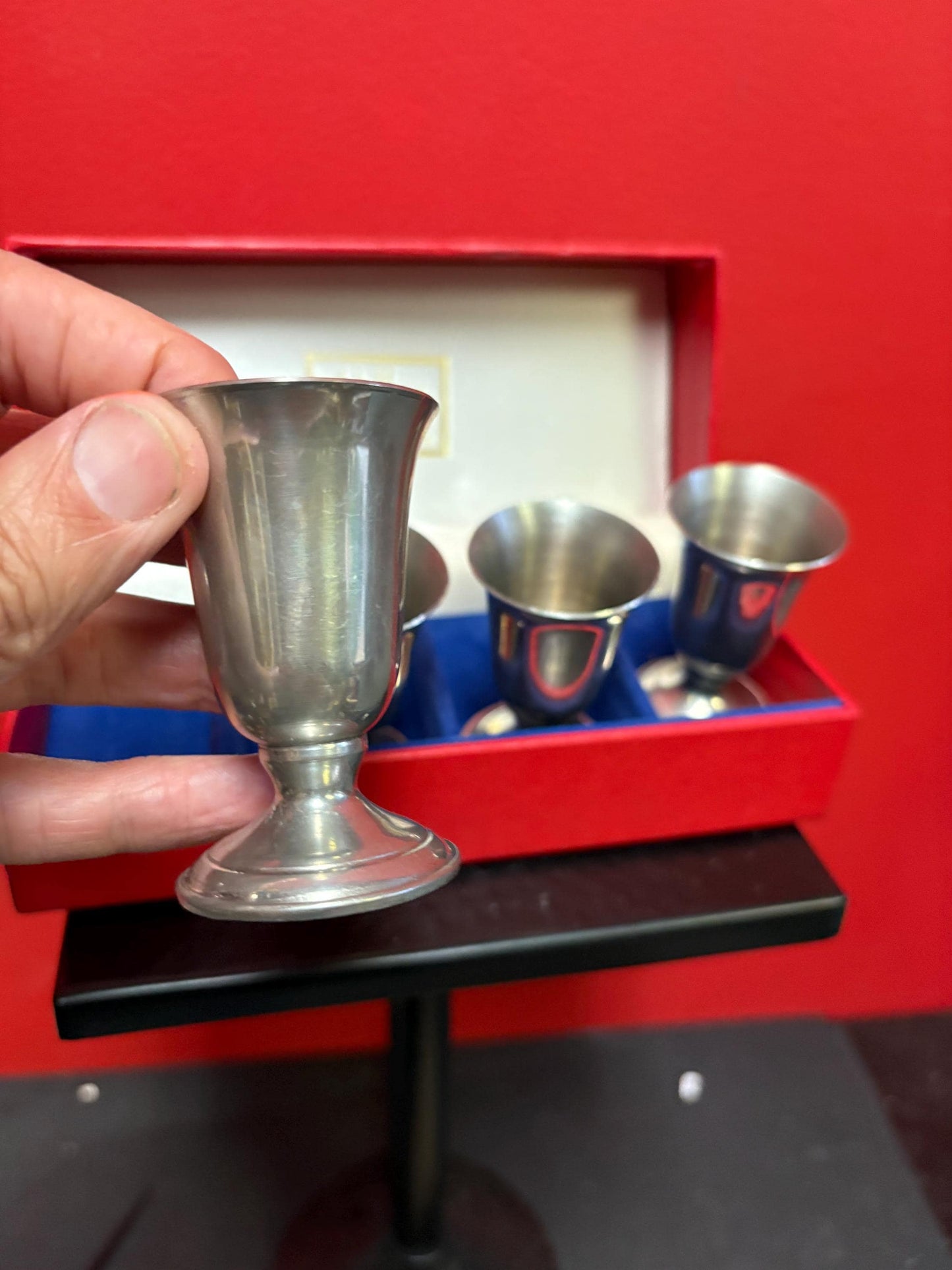 Beautiful set of four pewter wine goblets in presentation box  lovely gift  3 inches tall
