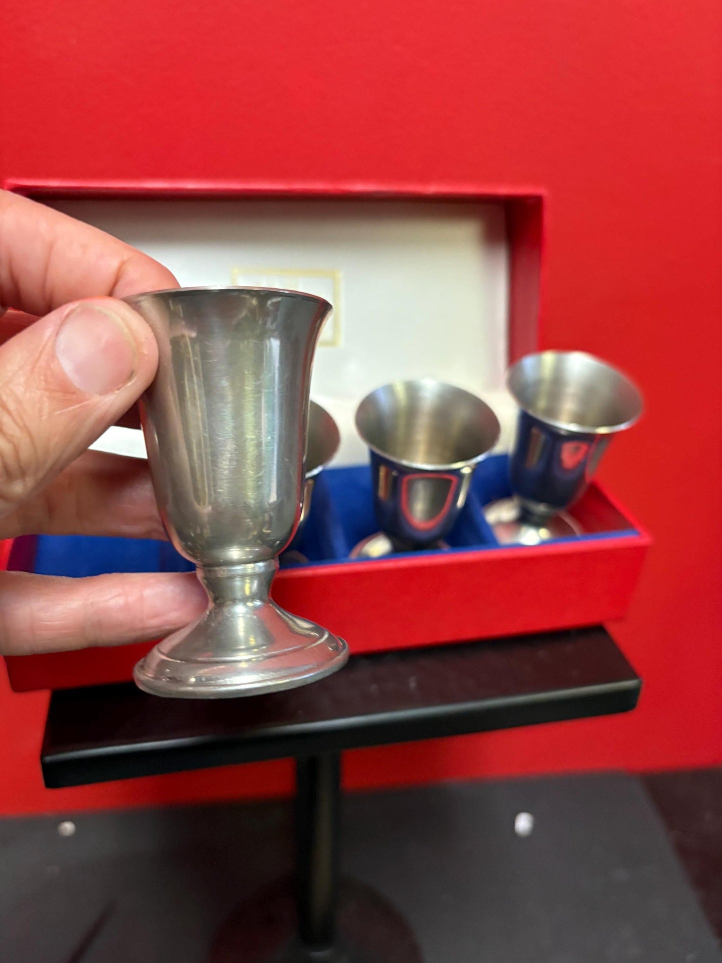 Beautiful set of four pewter wine goblets in presentation box  lovely gift  3 inches tall