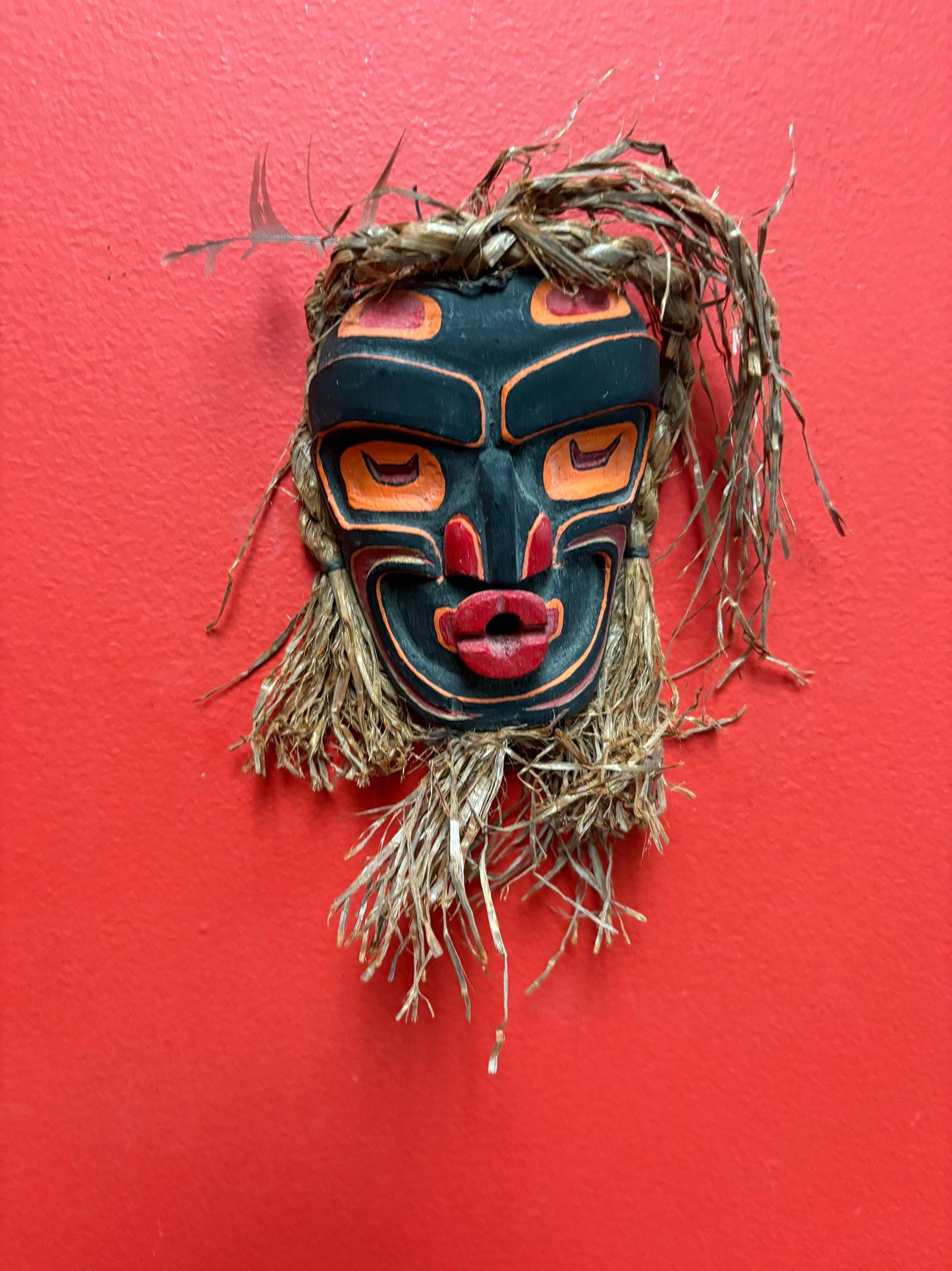 Beautiful 8 x 4 wide with cedar hair indigenous first nations pacific West Coast signed mask wow  great colours