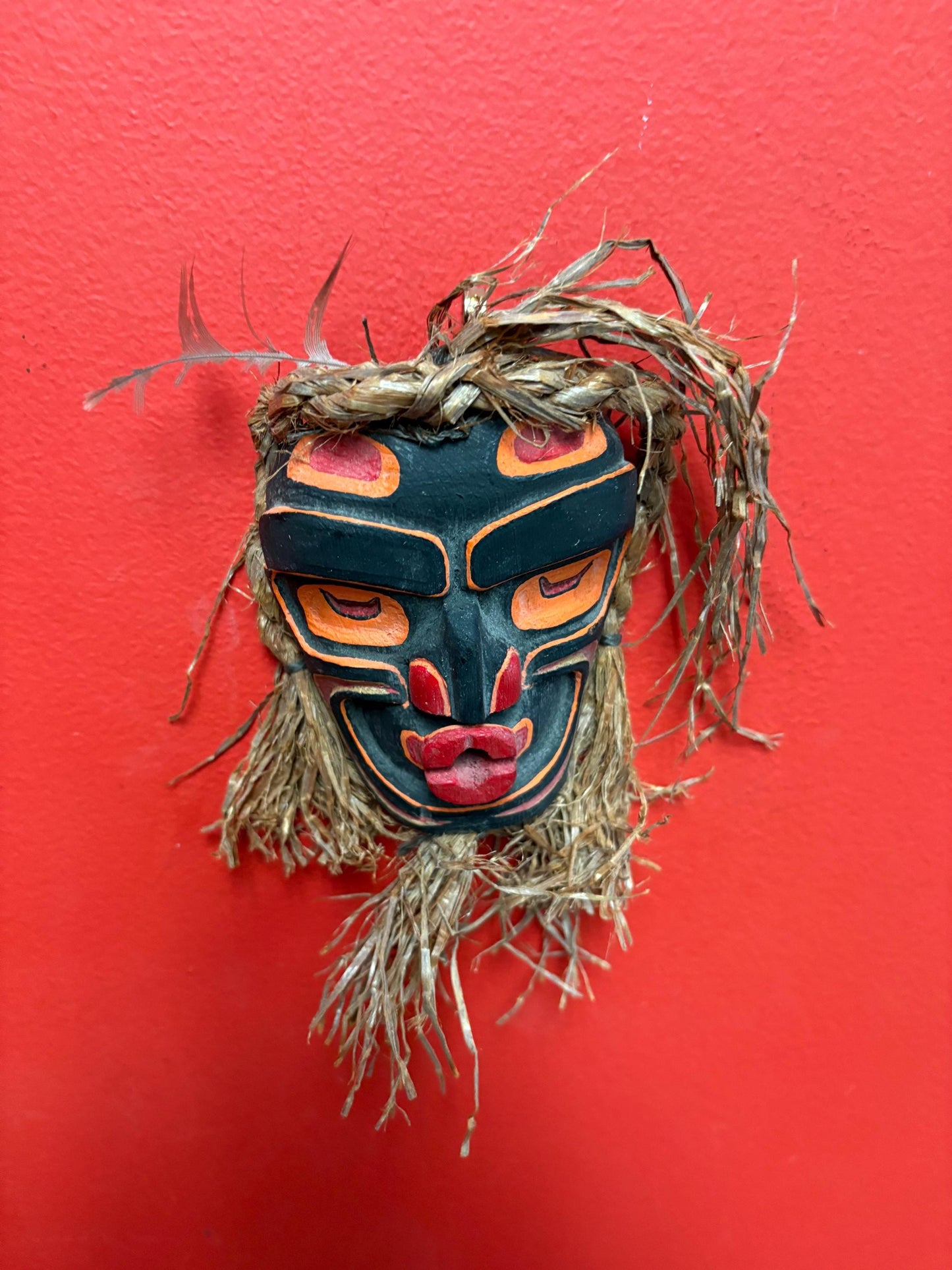 Beautiful 8 x 4 wide with cedar hair indigenous first nations pacific West Coast signed mask wow  great colours