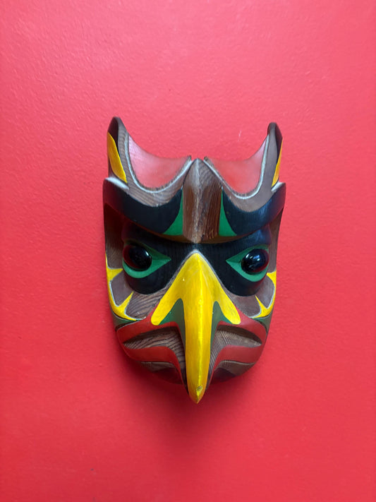 Stunning 7 x 6 wide signed Earl lace polychrome painted owl wisdom mask with glass eyes  indigenous first nations pacific north West Coast
