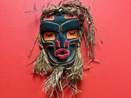Beautiful 8 x 4 wide with cedar hair indigenous first nations pacific West Coast signed mask wow  great colours