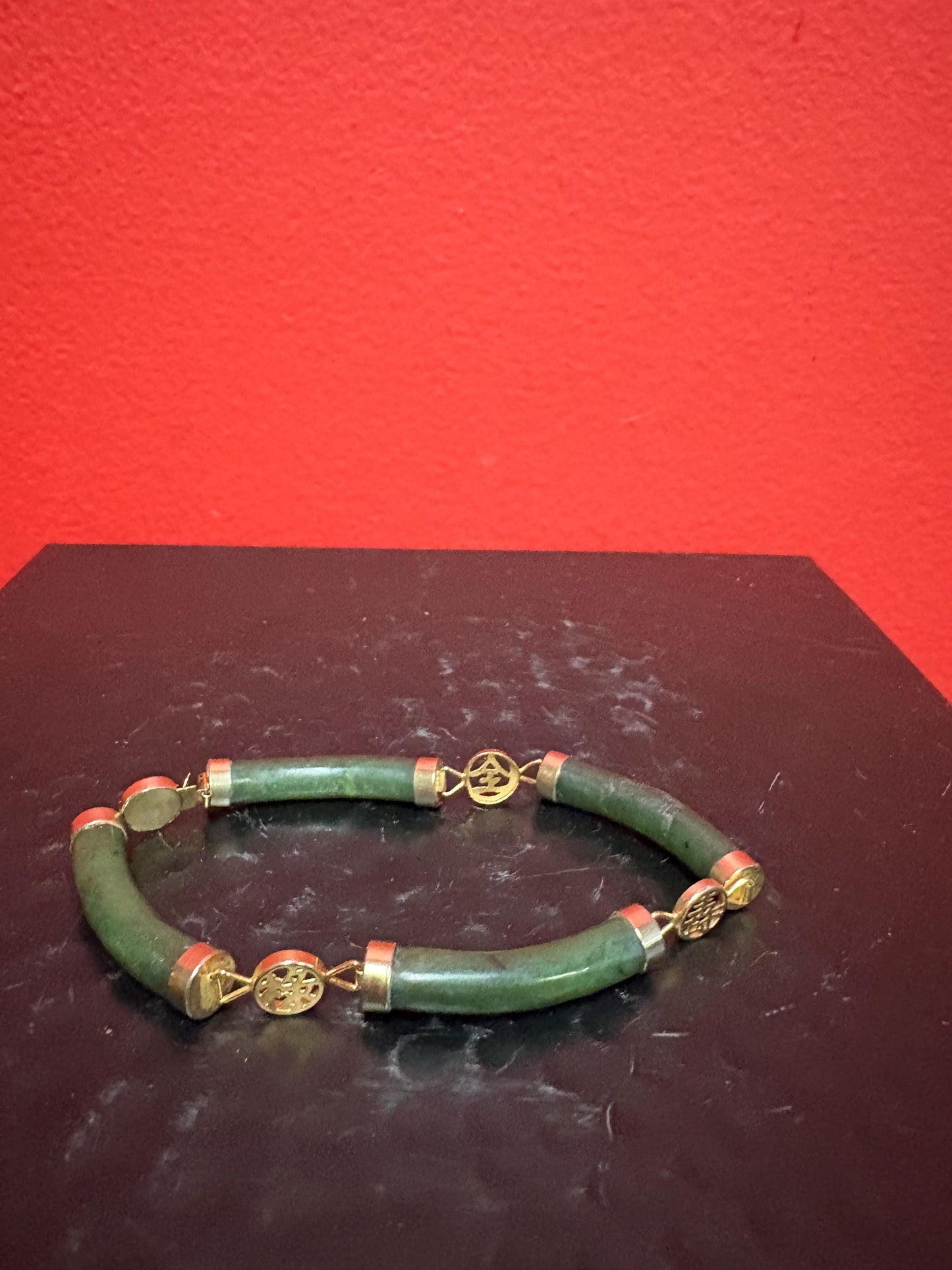 Jade Bracelet - Lovely untested gold and Chinese jade bracelet  8 inches long approx   great gift
