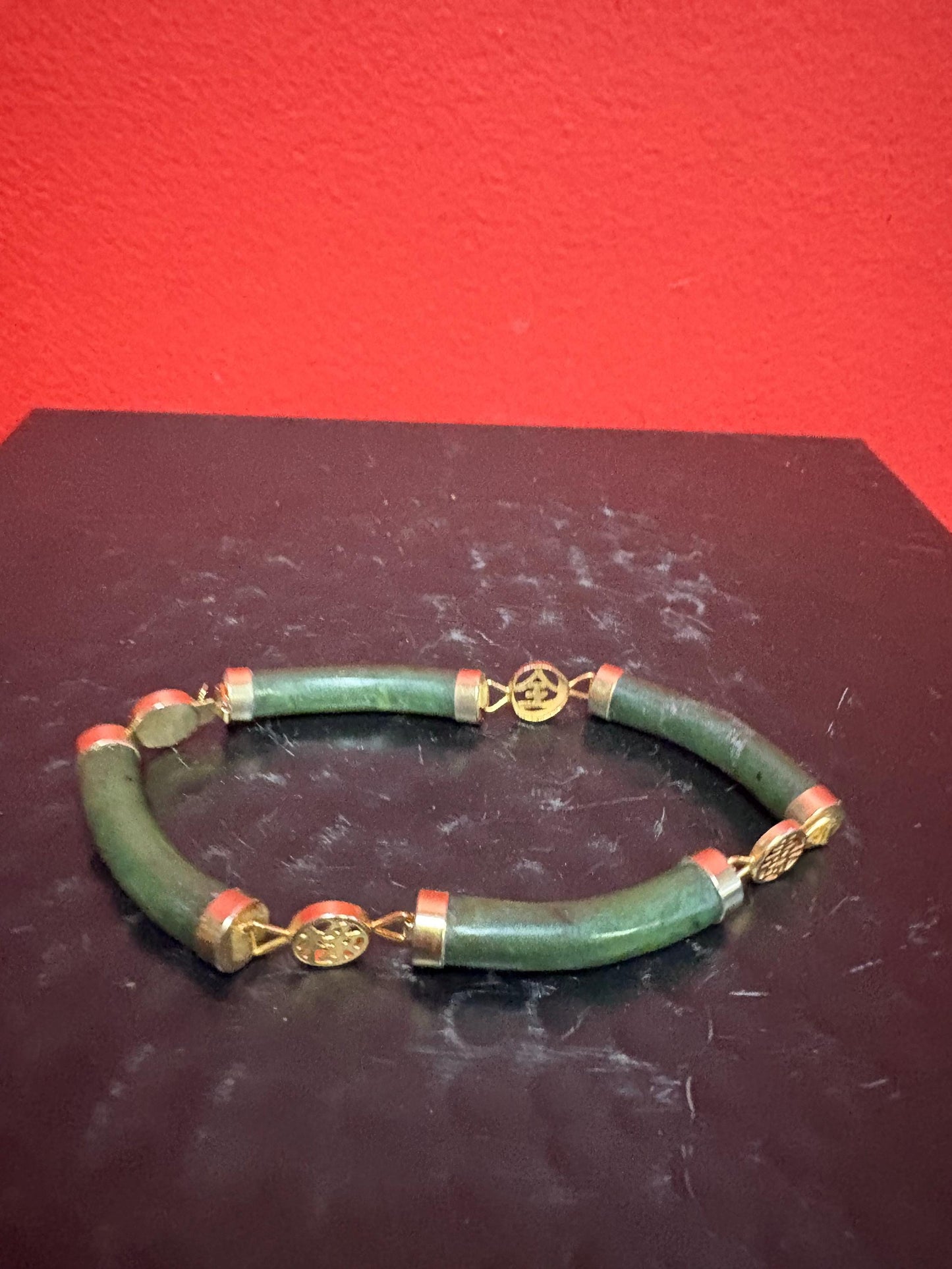 Jade Bracelet - Lovely untested gold and Chinese jade bracelet  8 inches long approx   great gift