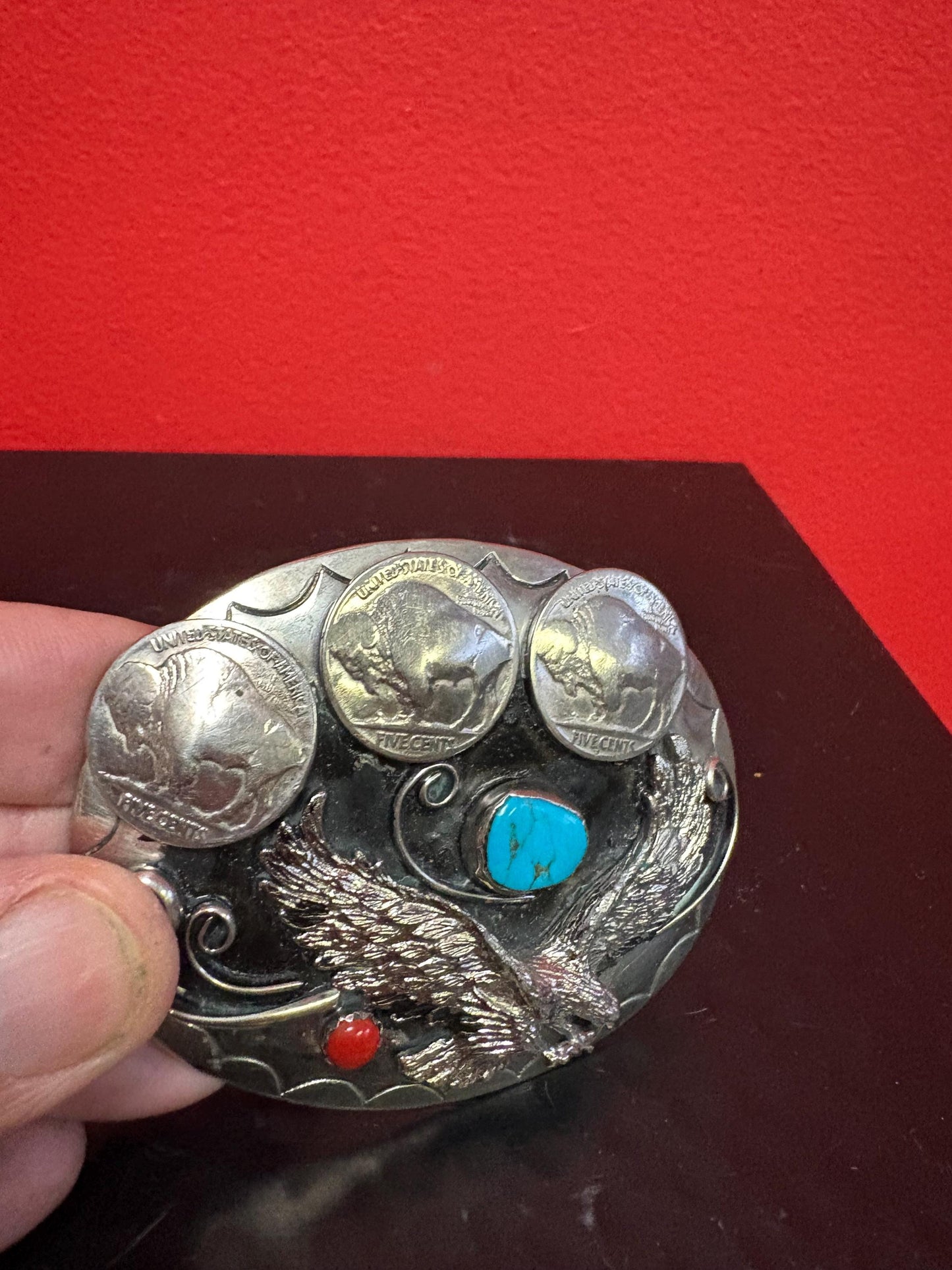 Beautiful Navajo 3 1/2 inch untested silver belt buckle with American coins and turquoise really awesome one