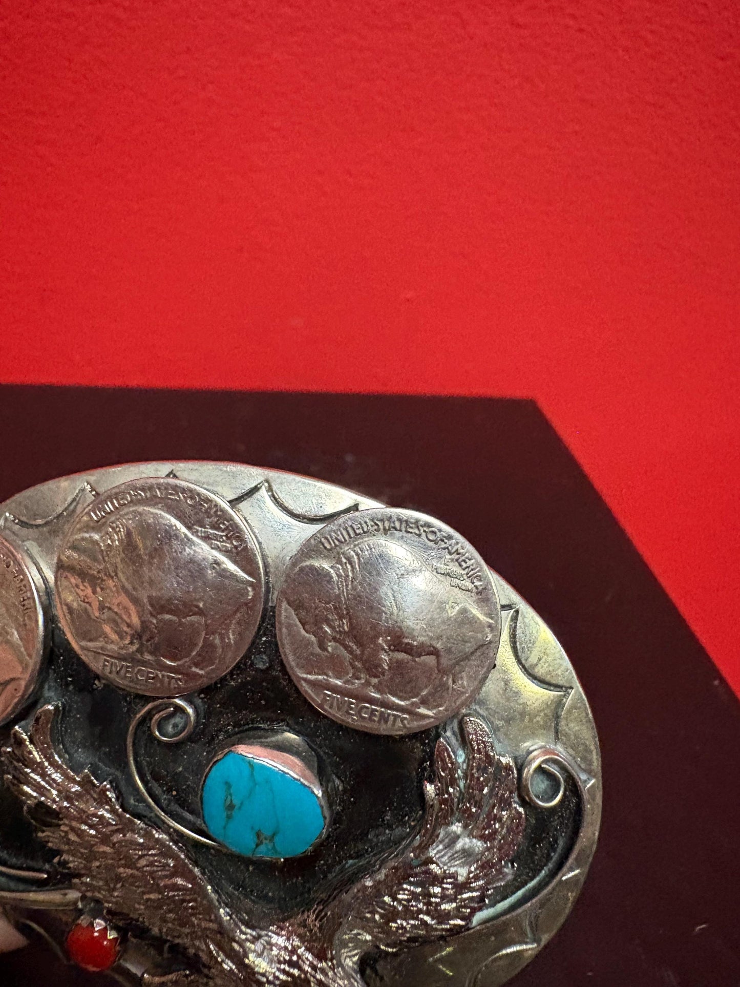 Beautiful Navajo 3 1/2 inch untested silver belt buckle with American coins and turquoise really awesome one