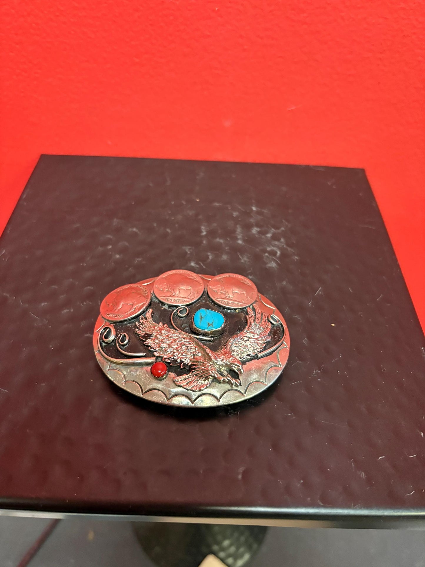 Beautiful Navajo 3 1/2 inch untested silver belt buckle with American coins and turquoise really awesome one
