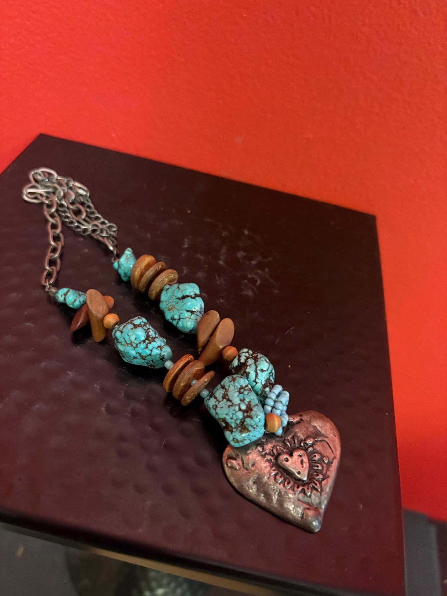 Lovely approximately 20 inch long Navajo style turquoise necklace with silver heart pendant  unique and perfect gift