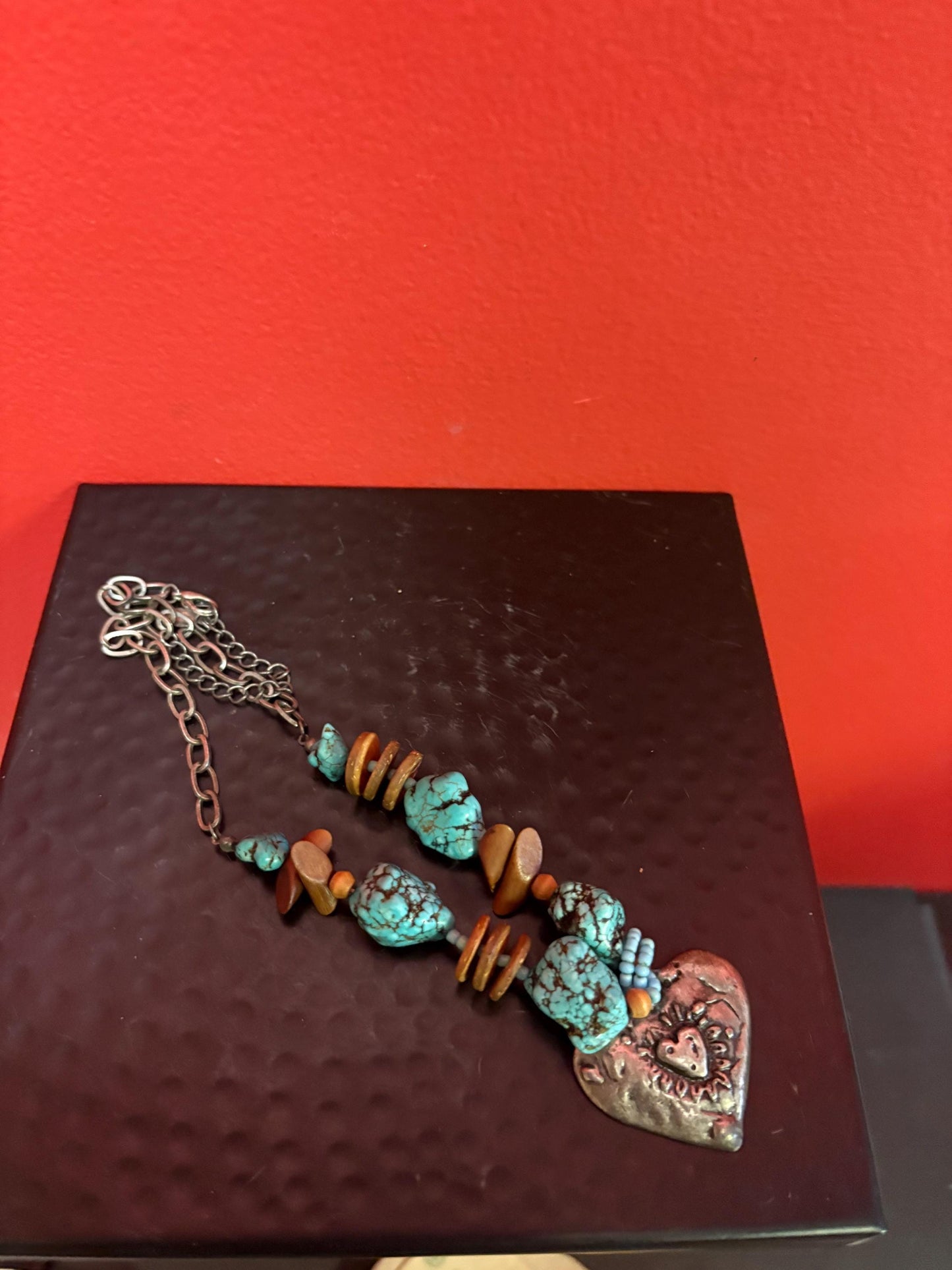 Lovely approximately 20 inch long Navajo style turquoise necklace with silver heart pendant  unique and perfect gift