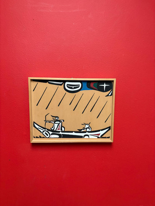 Signed lovely indigenous first nations pacific West Coast Cedar plaque of whale hunters  12 x 5 by one inch thick