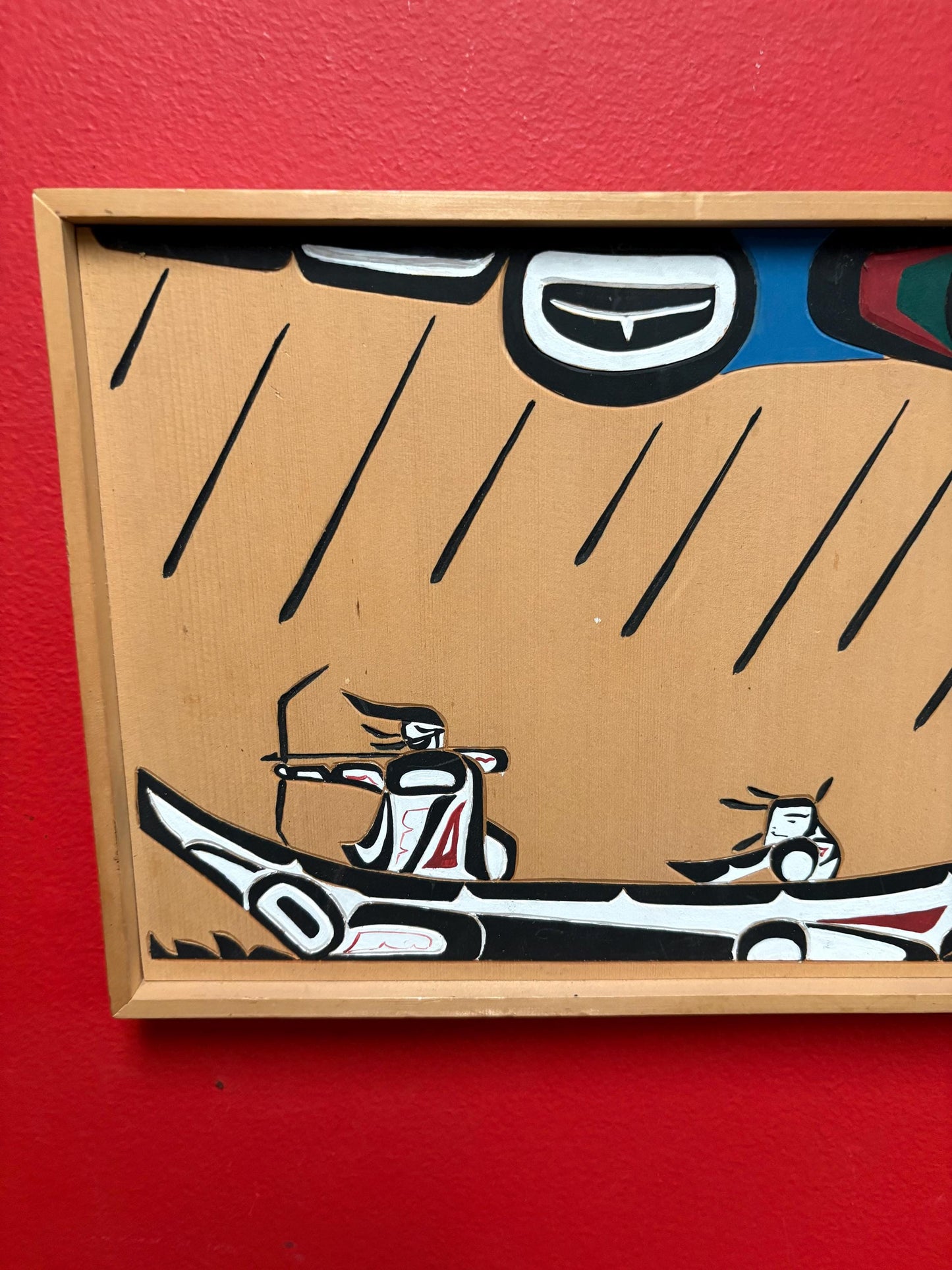 Signed lovely indigenous first nations pacific West Coast Cedar plaque of whale hunters  12 x 5 by one inch thick