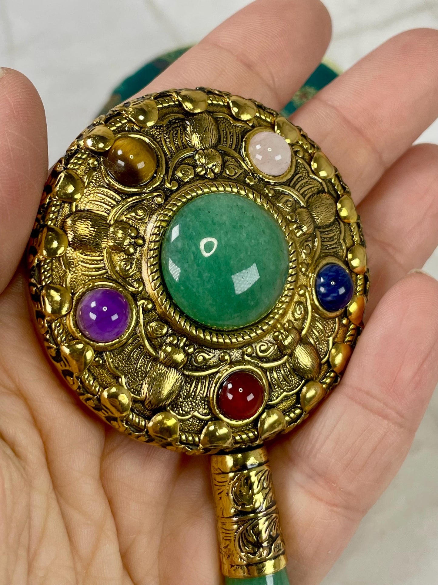 Lovely Little Jewelled Hand Mirror with Silk Cover