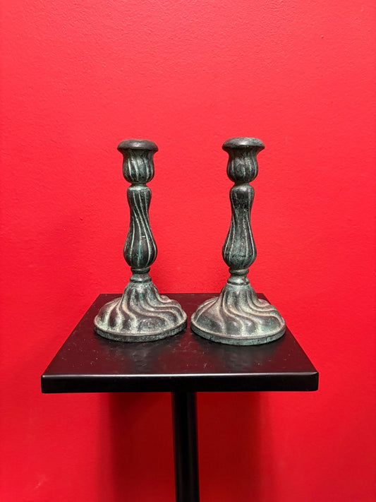 Lovely 7 inch bronze candlesticks  wonderful patina and great decoration  good value