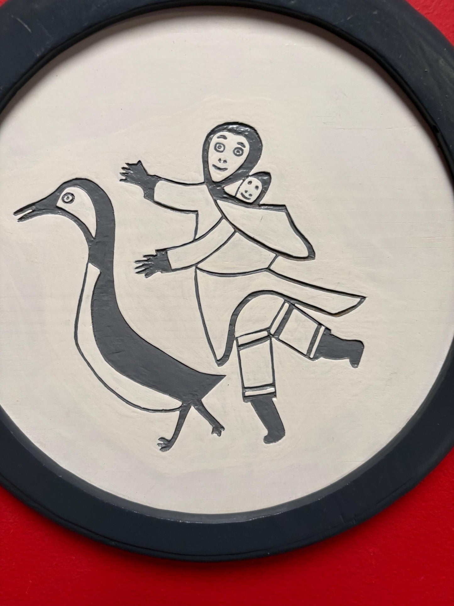 Beautiful 1970s Inuit wood art picture in frame  11 inches  indigenous Inui