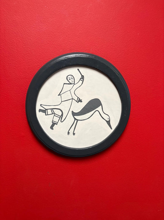 Beautiful 1970s Inuit wood art picture in frame  11 inches  indigenous Inuit