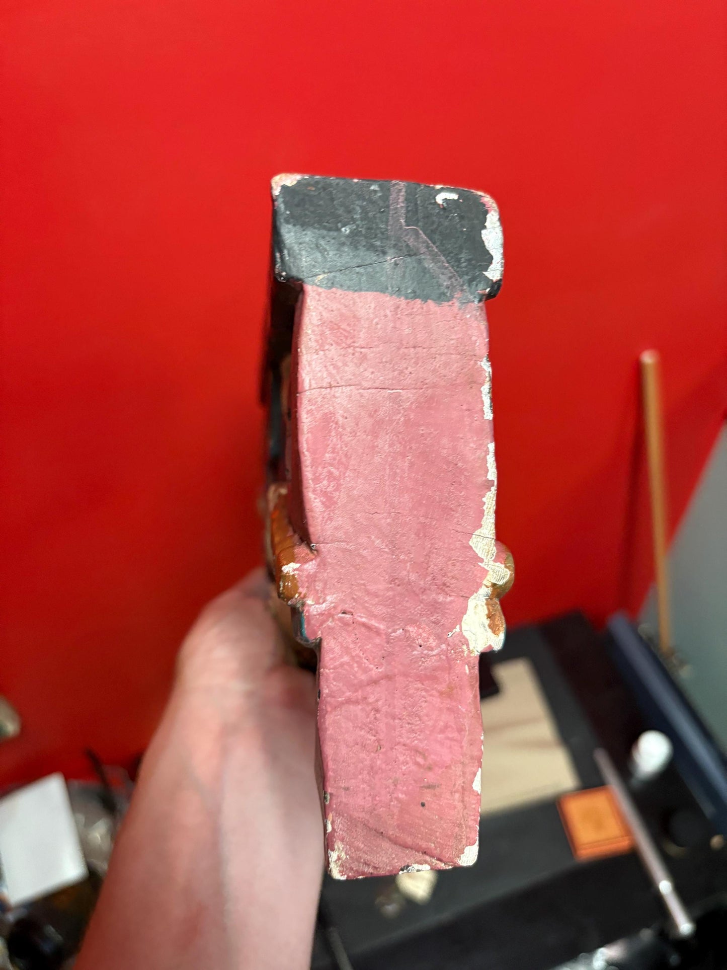 Fabulous 16 x 7 high antique polychrome painted southeast Asian statue  great patina and colour  wow decoration