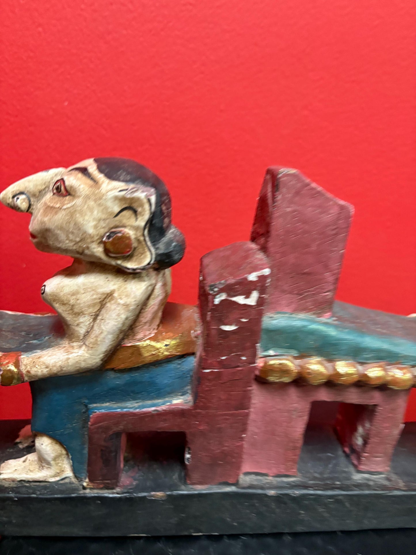 Fabulous 16 x 7 high antique polychrome painted southeast Asian statue  great patina and colour  wow decoration